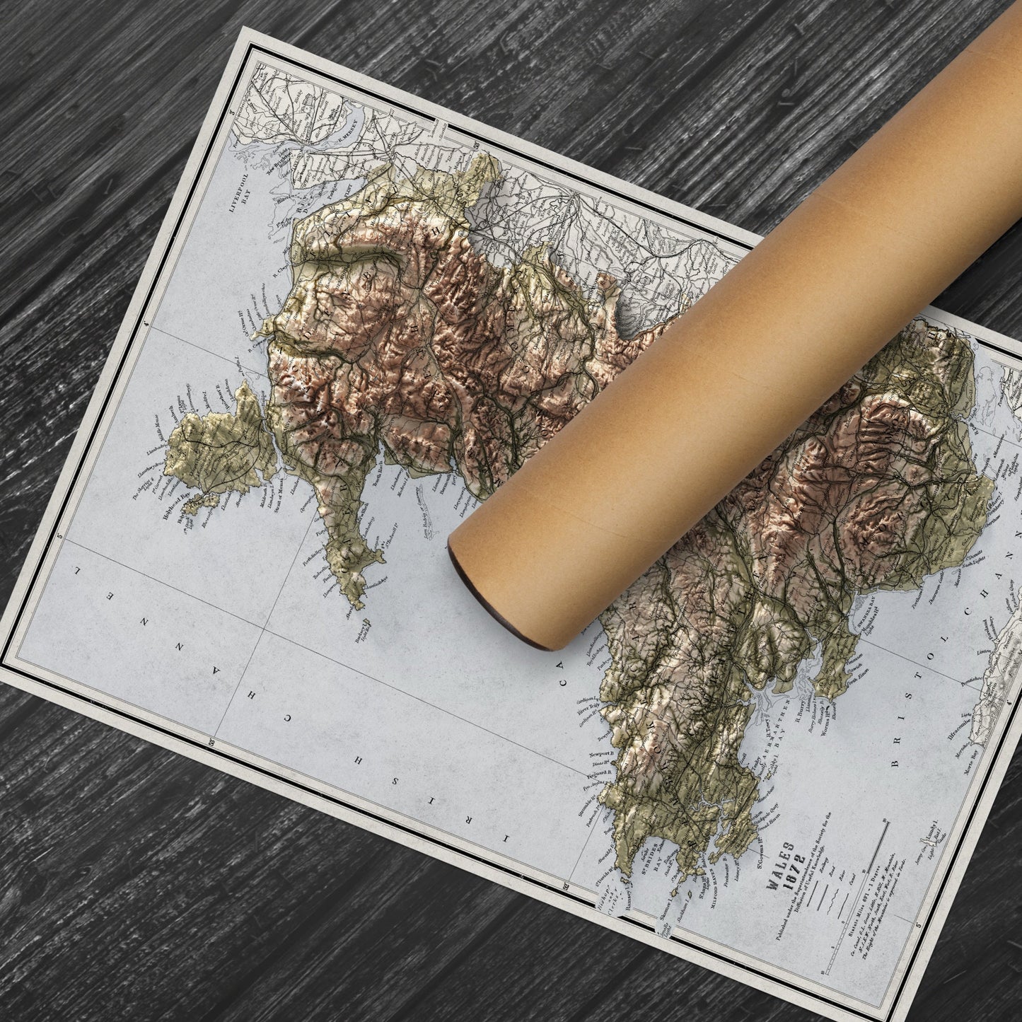 Wales Map - Vintage Cymru Elevation Map - 1872 - 2D Welsh Poster - 3D effect shaded relief Print