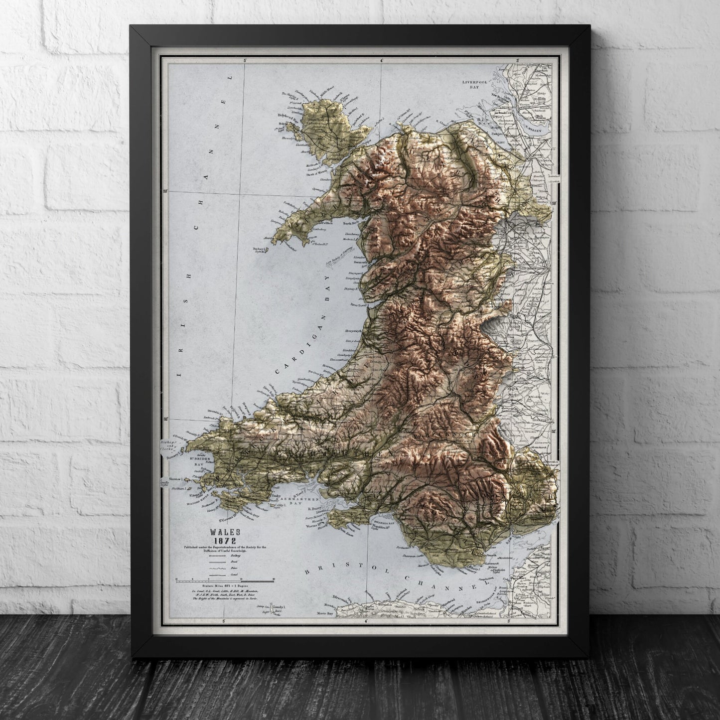 Wales Map - Vintage Cymru Elevation Map - 1872 - 2D Welsh Poster - 3D effect shaded relief Print