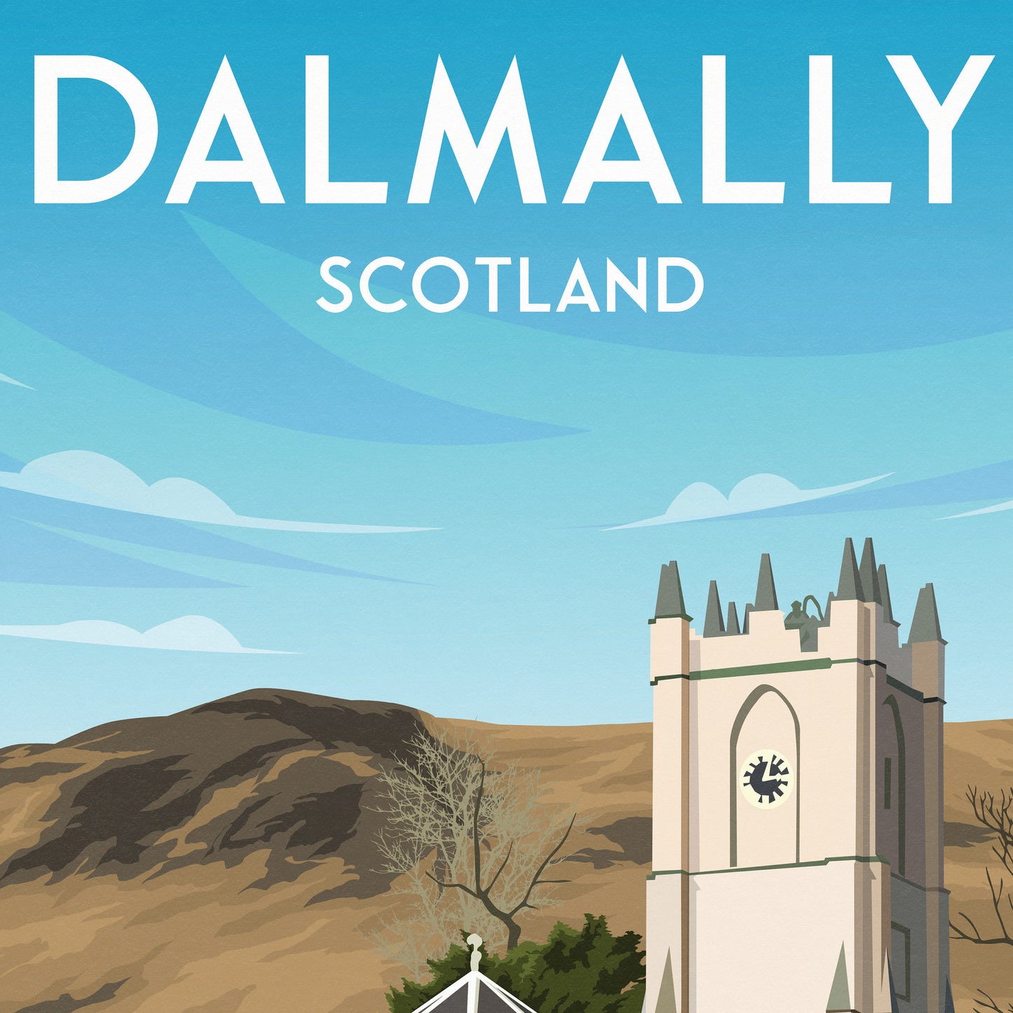 Dalmally Print - Travel Poster - Argyll and Bute - Glenorchy Parish Church - Scotland