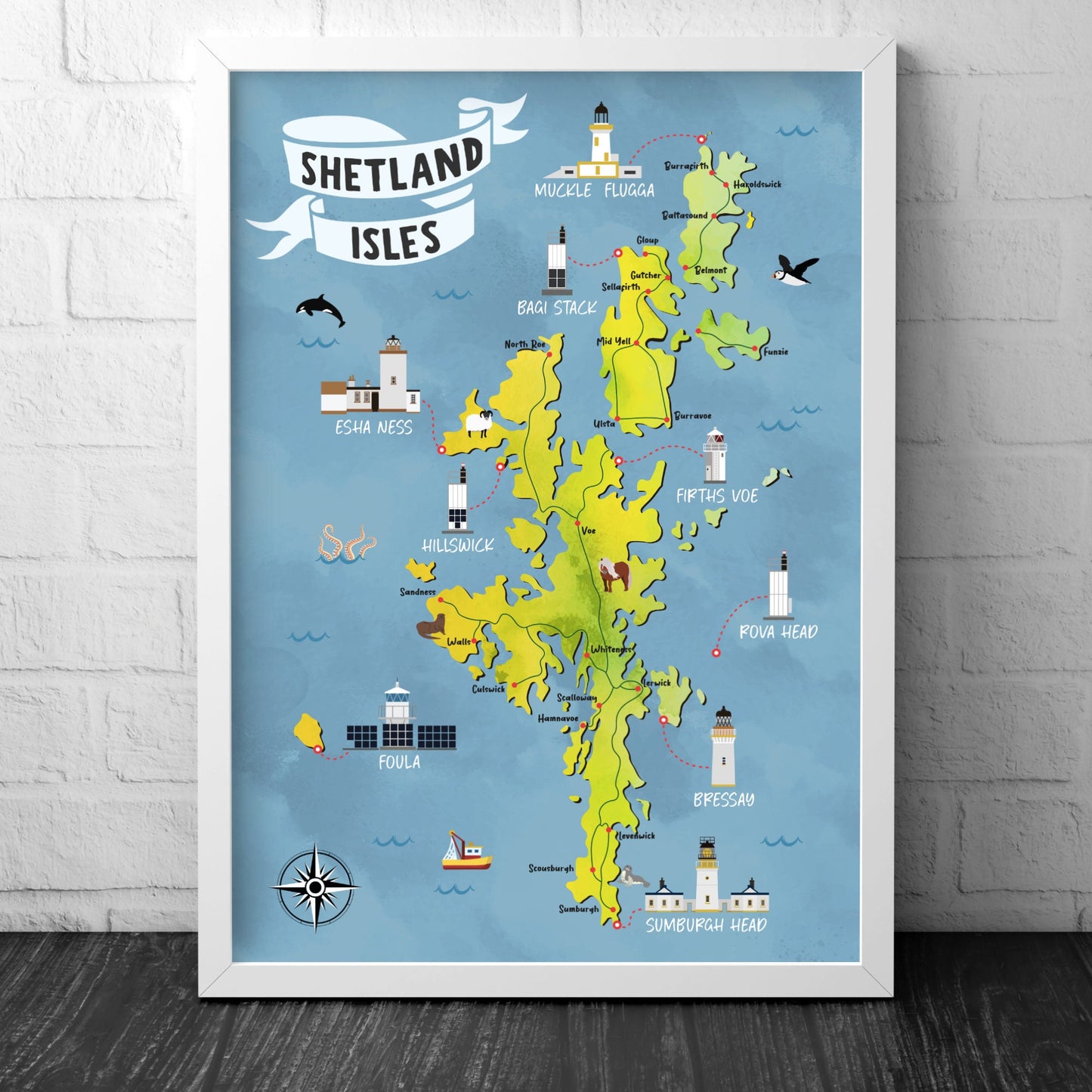Shetland Isles Map | Pictorial Lighthouse Poster | The Shetlands | Scottish Highlands | Lerwick | Scalloway | Sandness | Voe | Yell