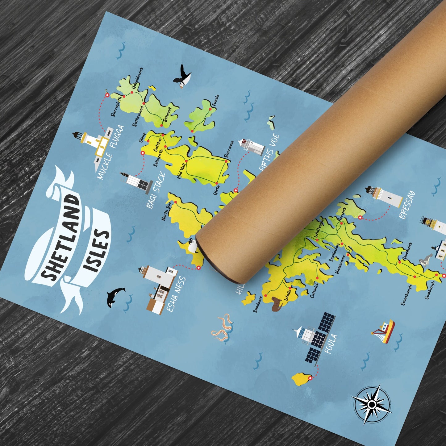 Shetland Isles Map | Pictorial Lighthouse Poster | The Shetlands | Scottish Highlands | Lerwick | Scalloway | Sandness | Voe | Yell
