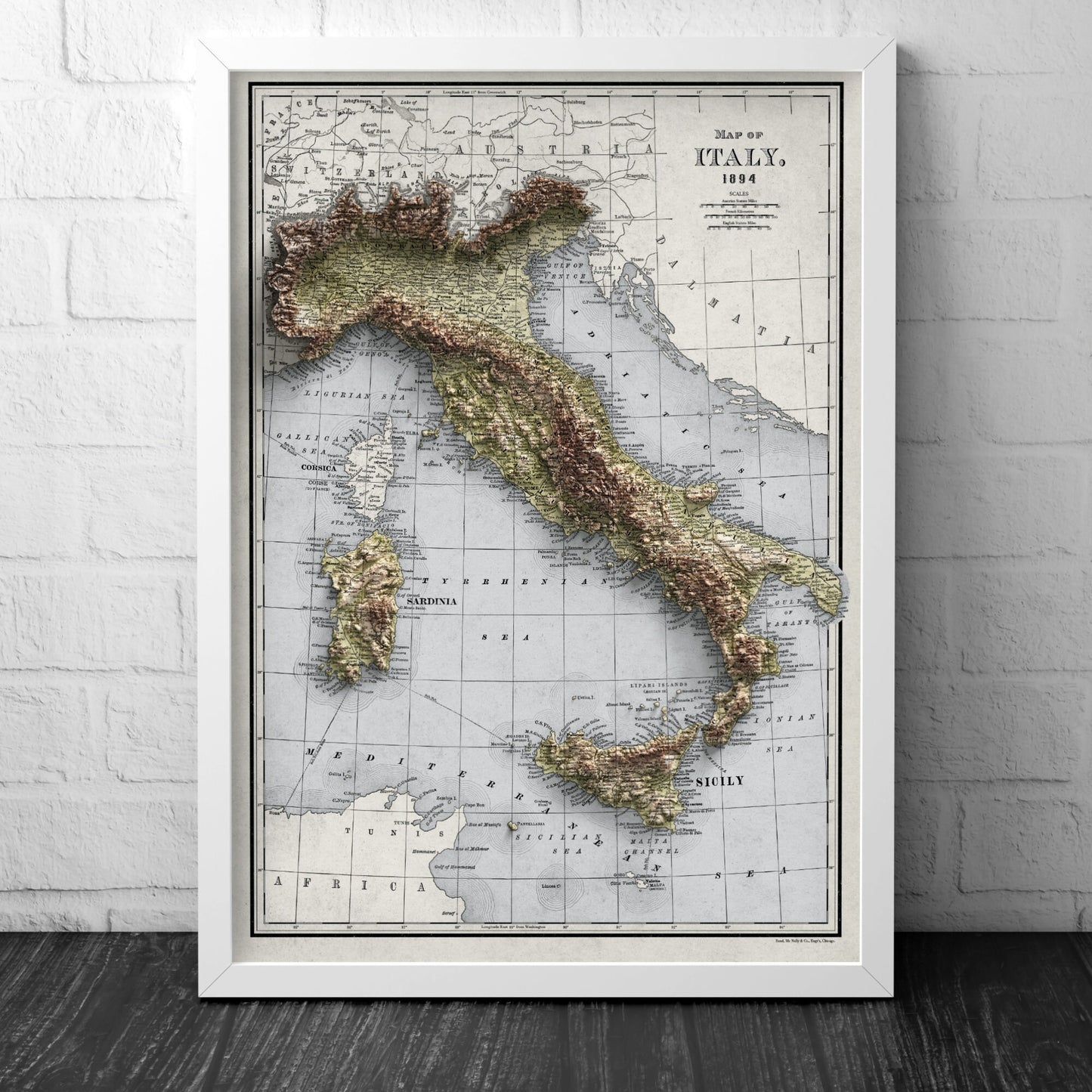 Italy Map - 1894 Vintage Italy Shaded Relief Map - Lombardy - Emilia - Rome - Corsica - Tuscany - Latium - Campania - Sardinia