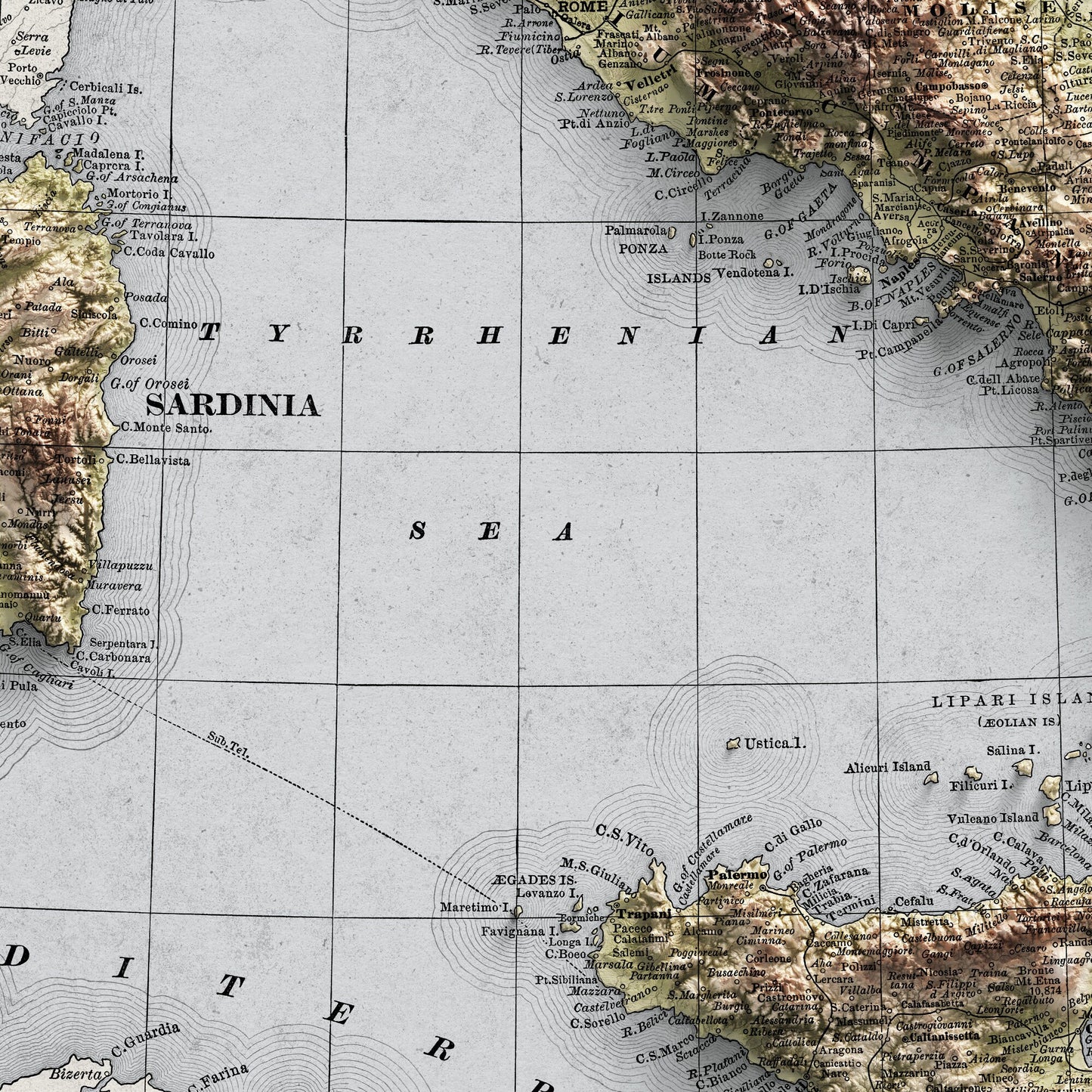 Italy Map - 1894 Vintage Italy Shaded Relief Map - Lombardy - Emilia - Rome - Corsica - Tuscany - Latium - Campania - Sardinia