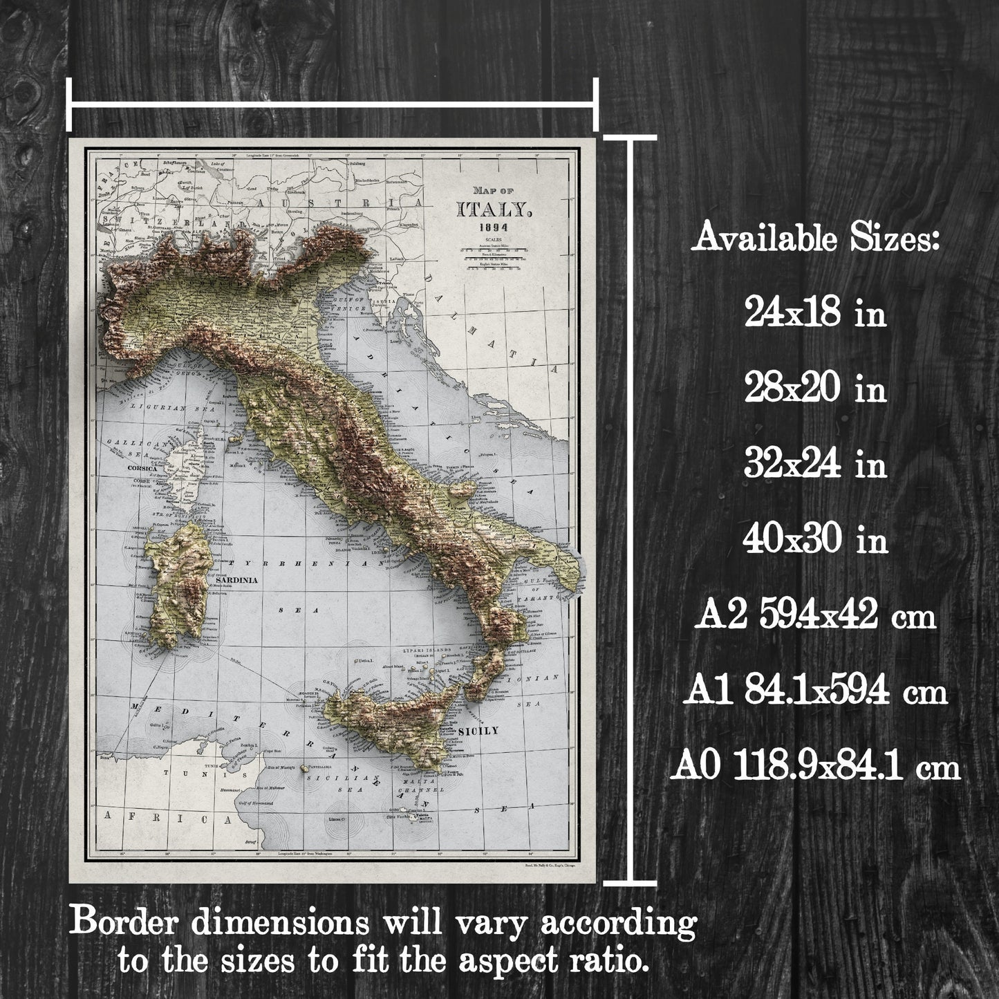 Italy Map - 1894 Vintage Italy Shaded Relief Map - Lombardy - Emilia - Rome - Corsica - Tuscany - Latium - Campania - Sardinia