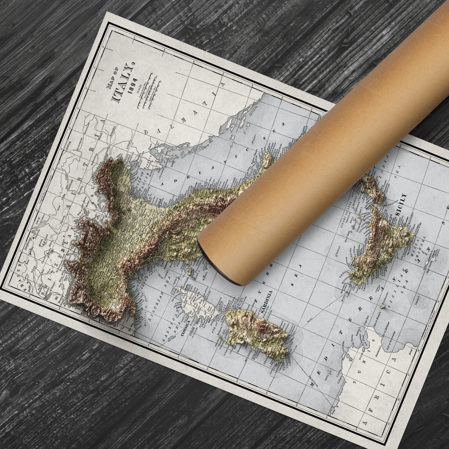 Italy Map - 1894 Vintage Italy Shaded Relief Map - Lombardy - Emilia - Rome - Corsica - Tuscany - Latium - Campania - Sardinia