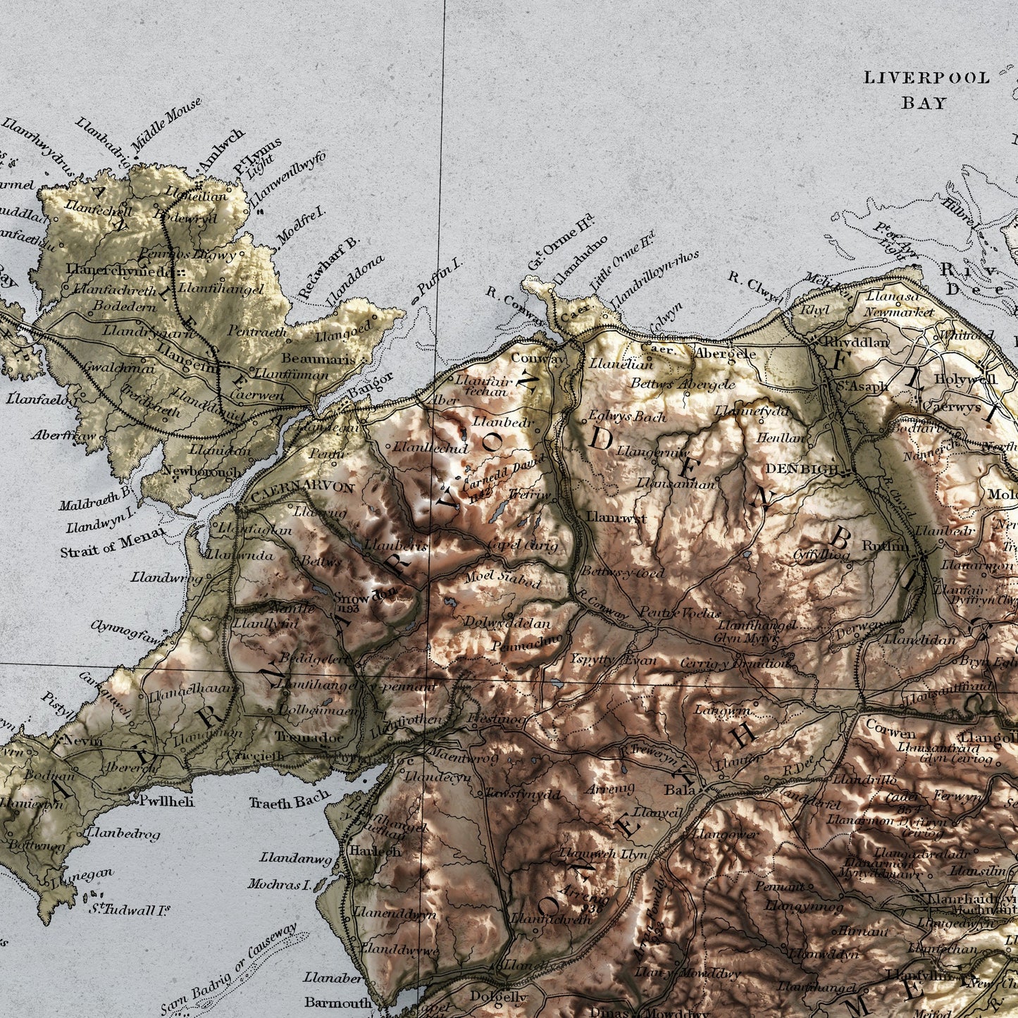 Wales Map - Vintage Cymru Elevation Map - 1872 - 2D Welsh Poster - 3D effect shaded relief Print