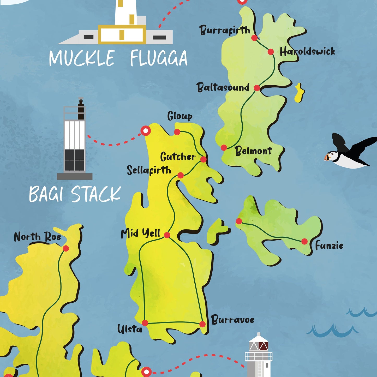 Shetland Isles Map | Pictorial Lighthouse Poster | The Shetlands | Scottish Highlands | Lerwick | Scalloway | Sandness | Voe | Yell