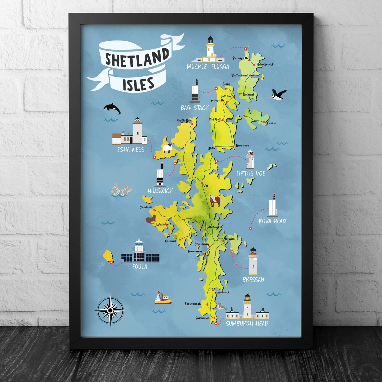 Shetland Isles Map | Pictorial Lighthouse Poster | The Shetlands | Scottish Highlands | Lerwick | Scalloway | Sandness | Voe | Yell