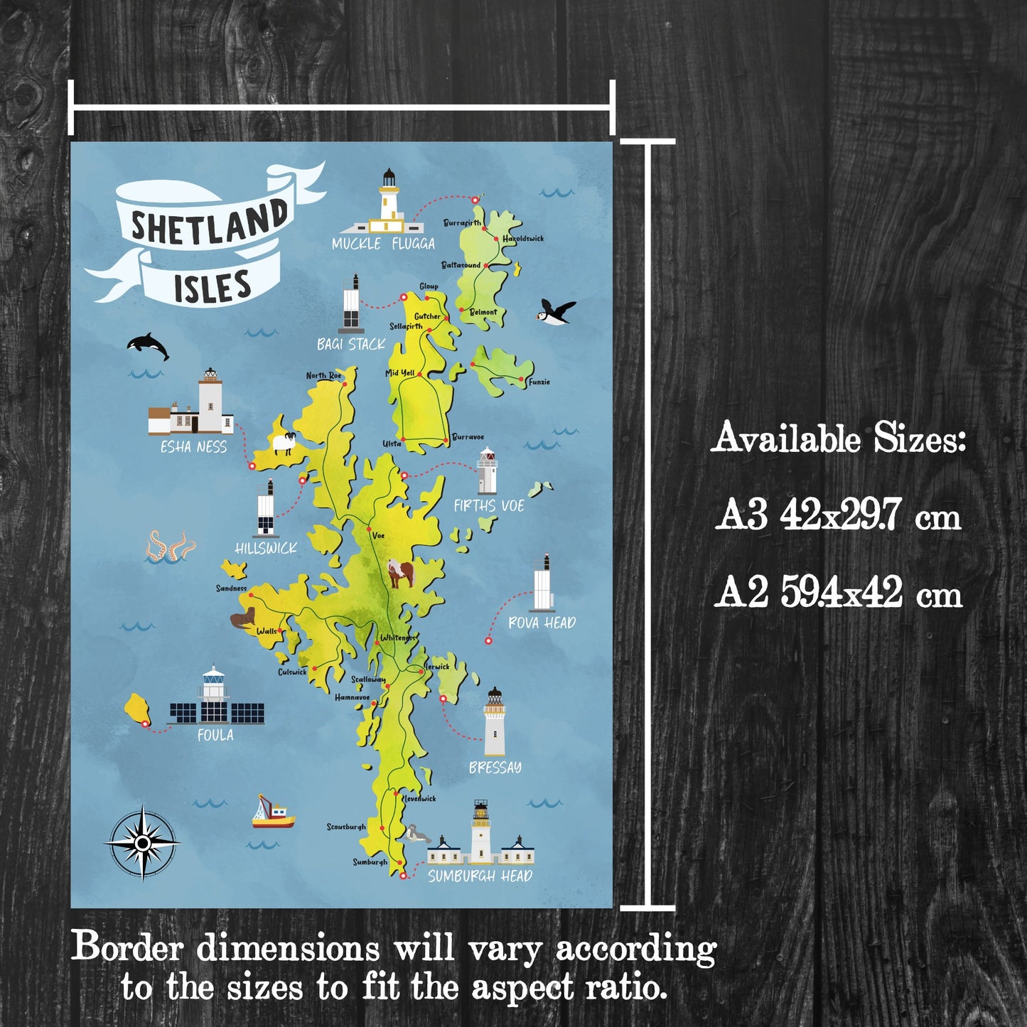 Shetland Isles Map | Pictorial Lighthouse Poster | The Shetlands | Scottish Highlands | Lerwick | Scalloway | Sandness | Voe | Yell