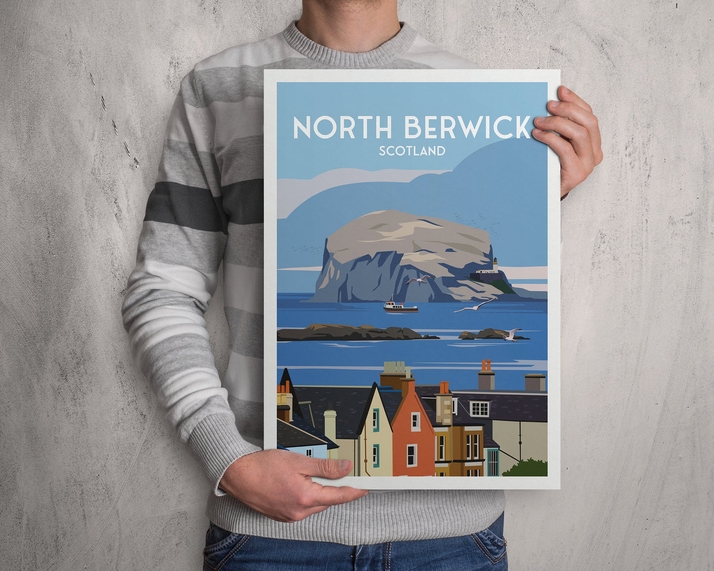 North Berwick Print - House Rooftops and Bass Rock View - East Lothian Travel Poster - Scotland Wall Art
