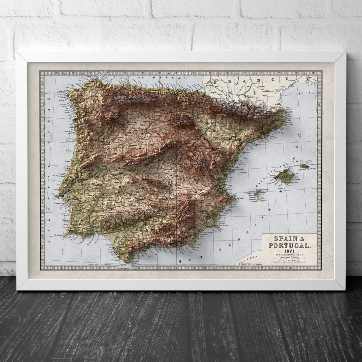 Spain and Portugal Map - Geology Elevation Map - 2D Vintage Poster - Balearic Islands - Ibiza