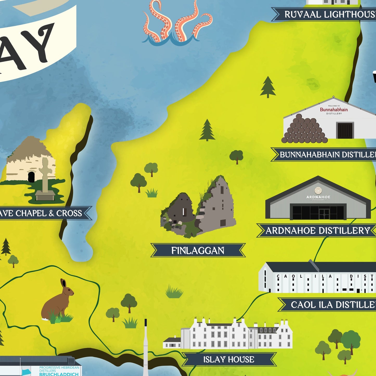 Isle of Islay Map | Pictorial Lighthouse Poster | Whisky Distilleries | Scottish Highlands | Castle | Monumants | Puffin | Seal | Deer