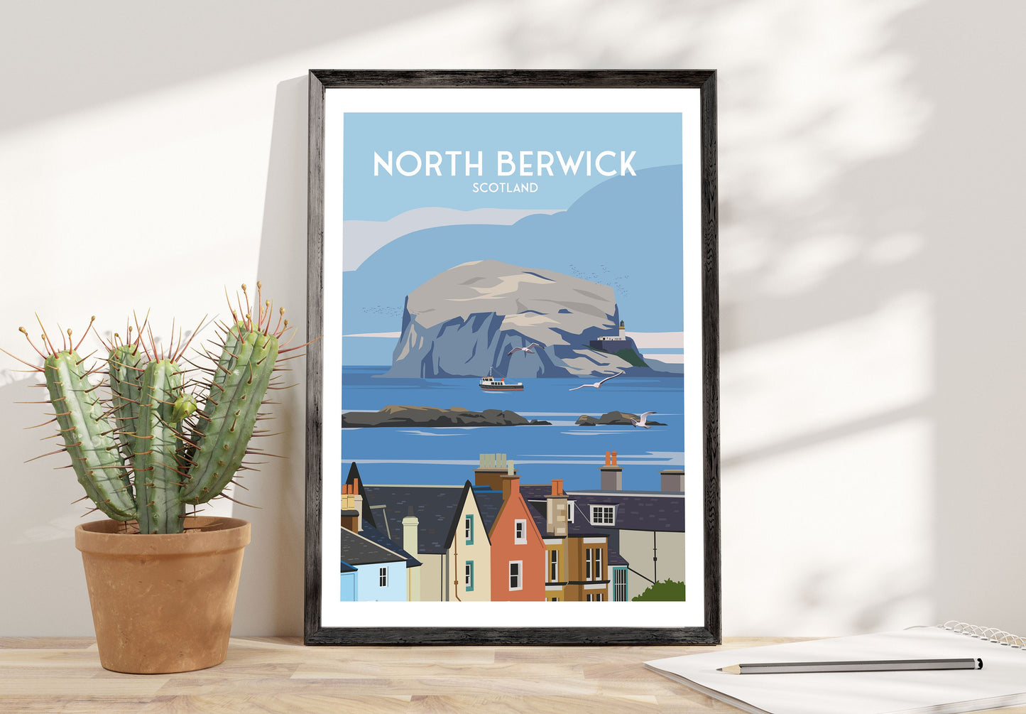 North Berwick Print - House Rooftops and Bass Rock View - East Lothian Travel Poster - Scotland Wall Art