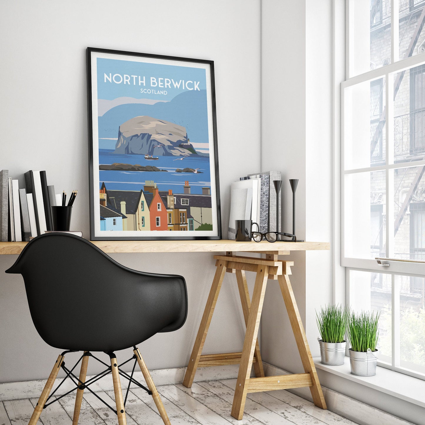 North Berwick Print - House Rooftops and Bass Rock View - East Lothian Travel Poster - Scotland Wall Art