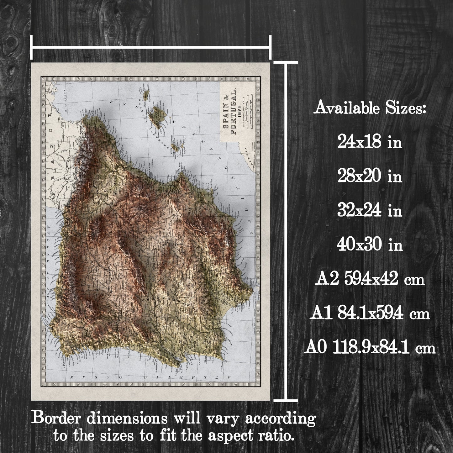 Spain and Portugal Map - Geology Elevation Map - 2D Vintage Poster - Balearic Islands - Ibiza