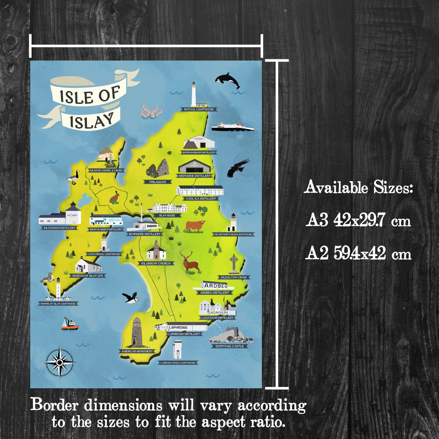 Isle of Islay Map | Pictorial Lighthouse Poster | Whisky Distilleries | Scottish Highlands | Castle | Monumants | Puffin | Seal | Deer