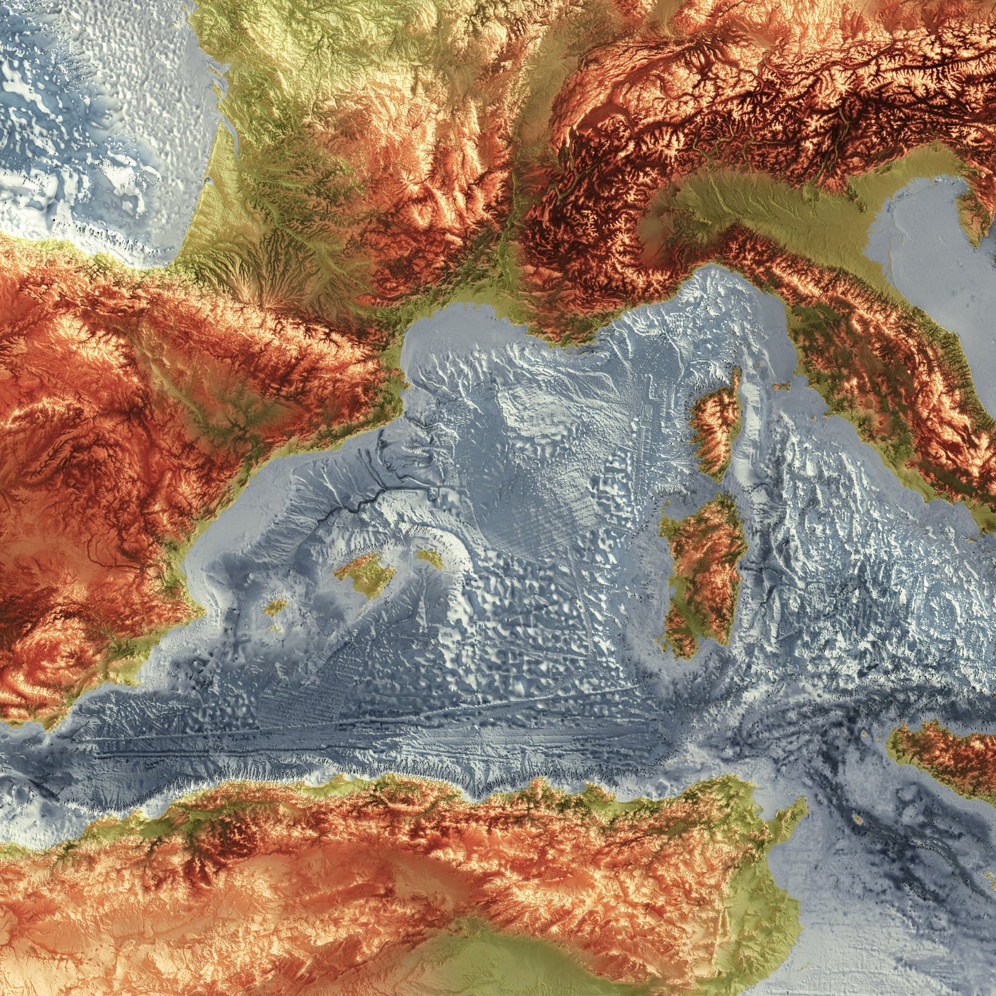 Mediterranean Bathymetry Print - Topographical Map -Europe - Italy - Greece - Turkey -Spain - France - Wall Art Poster