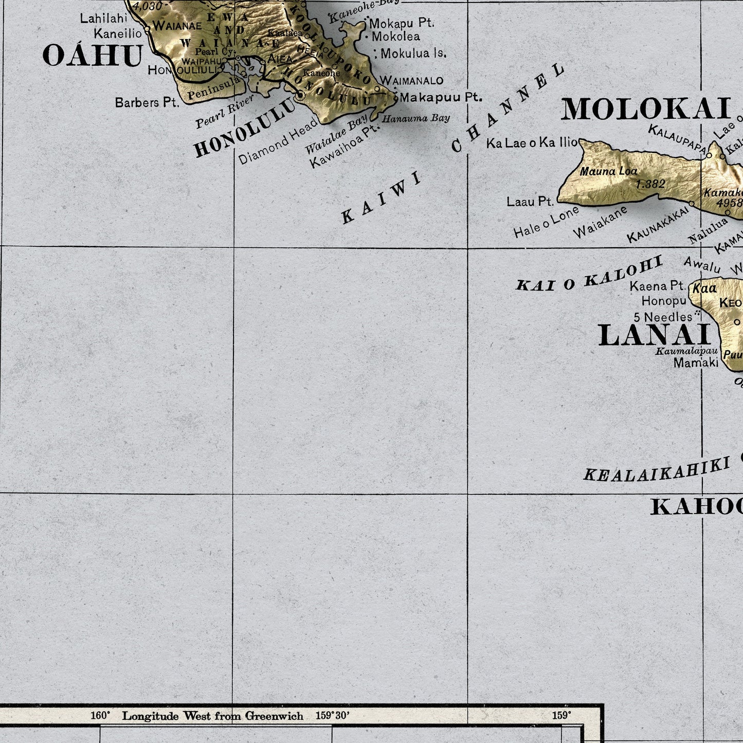 Hawaii Map - USA - 1901 retro print - 2d shaded map - Kauai - Maui - Molokai - Oahu - Kahoolawe - Lanai - Honolulu - Nihau - Kona - Kau