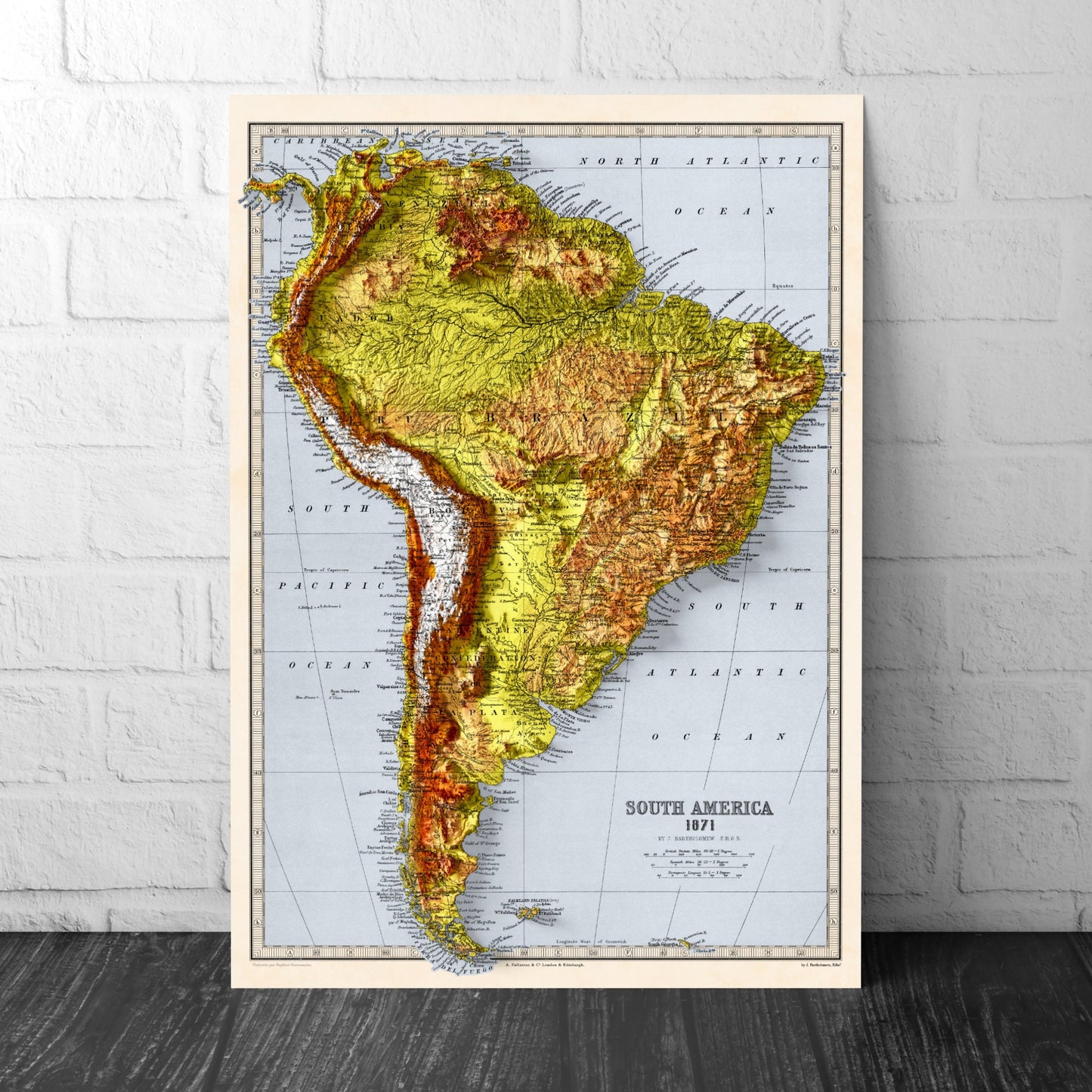 South America Map - Elevation Map - 2D Vintage Poster - Brazil