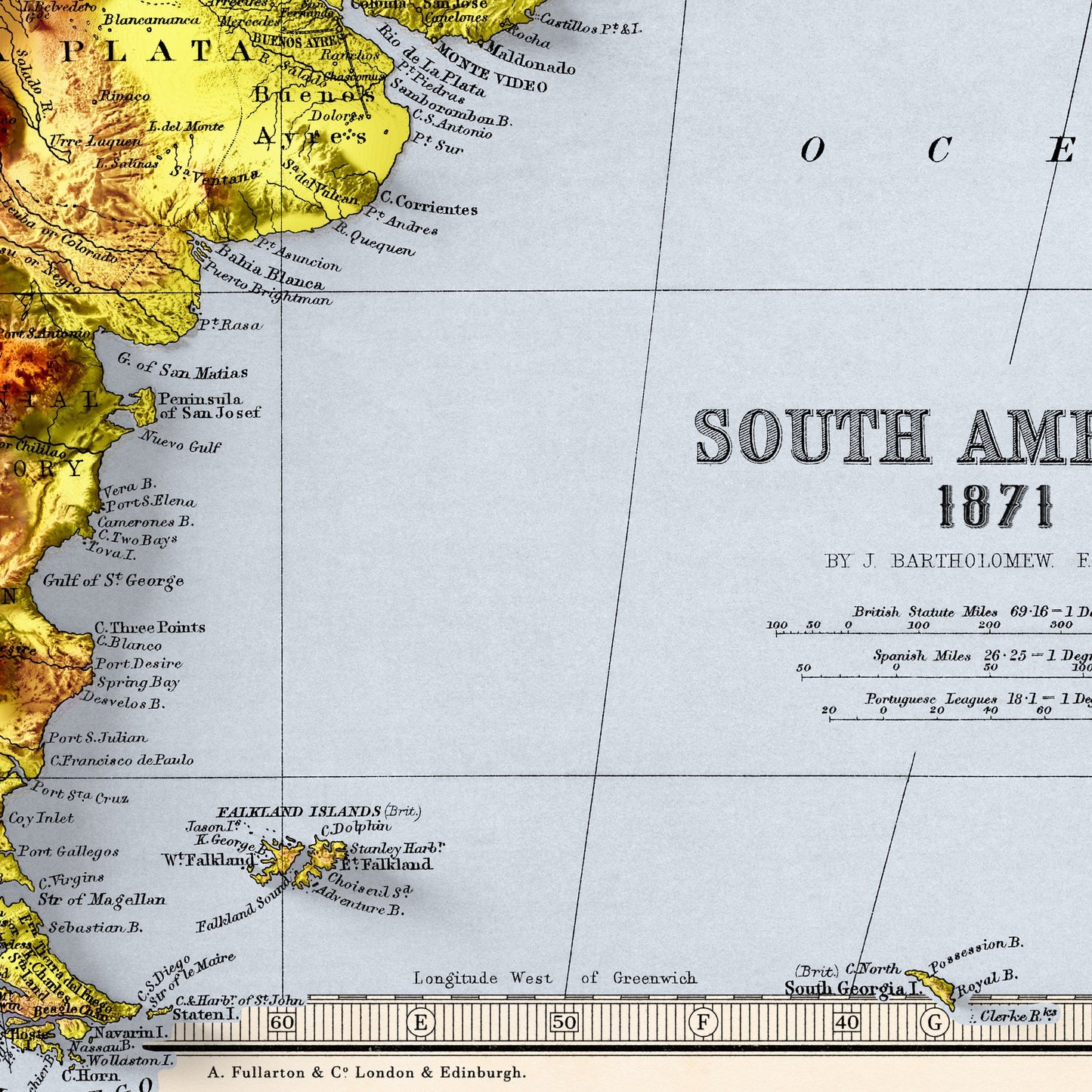 South America Map - Elevation Map - 2D Vintage Poster - Brazil