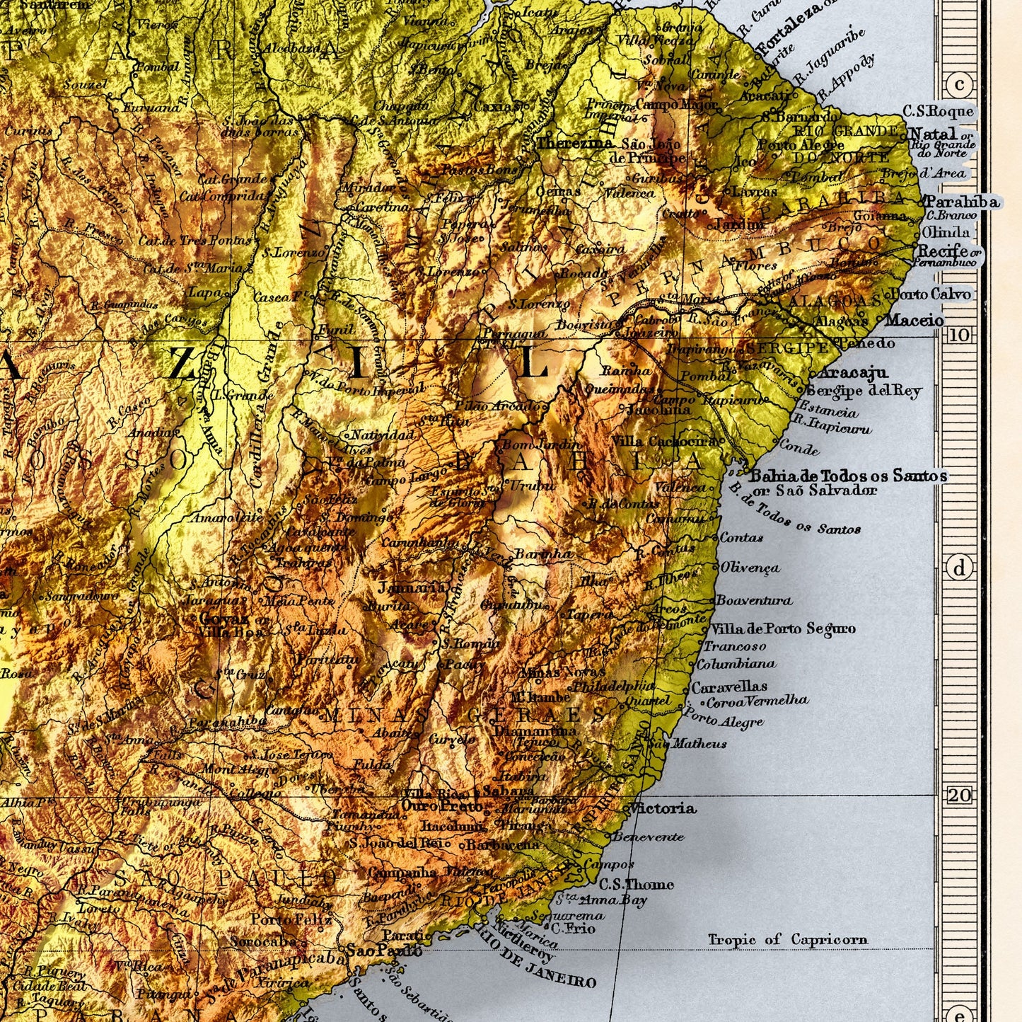 South America Map - Elevation Map - 2D Vintage Poster - Brazil