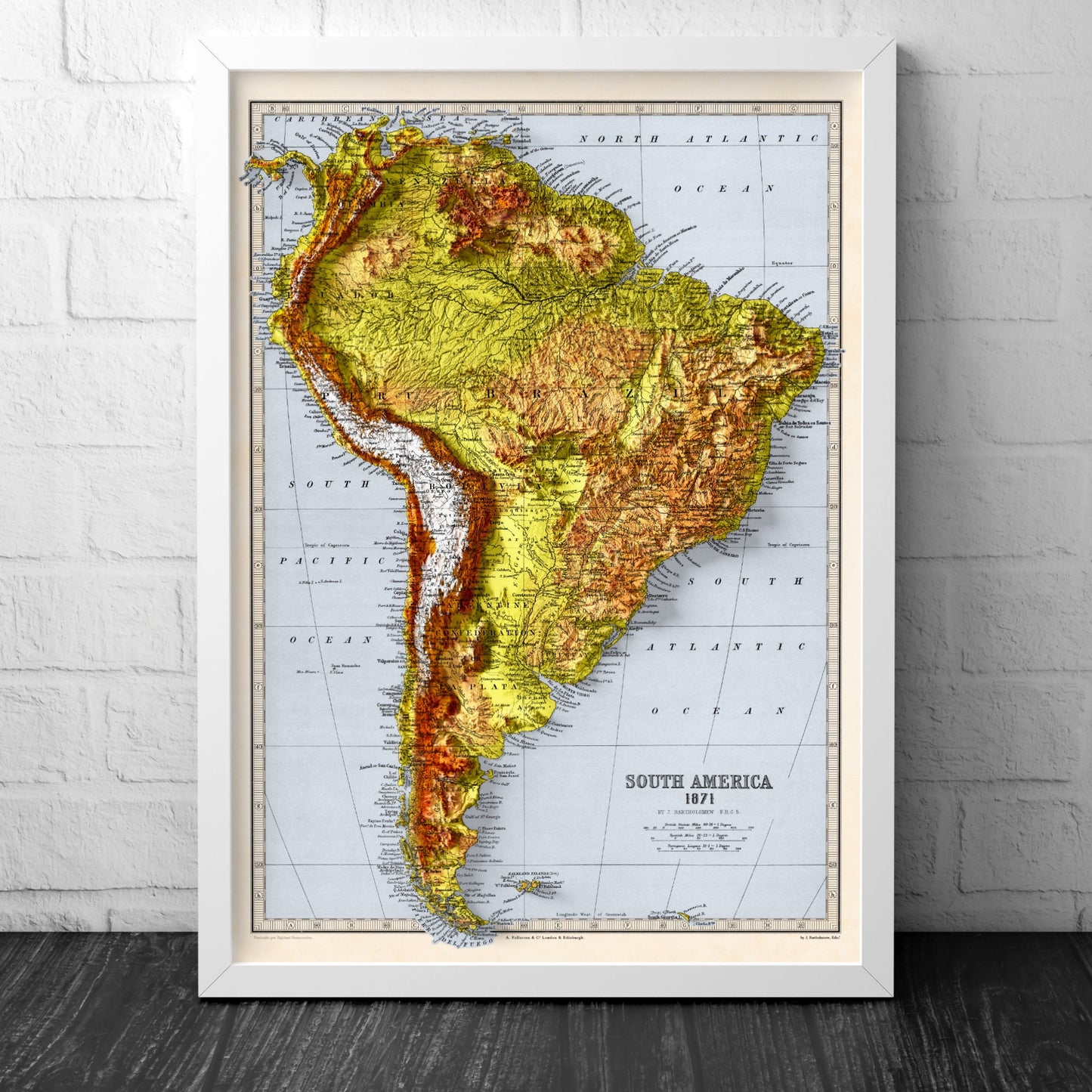 South America Map - Elevation Map - 2D Vintage Poster - Brazil