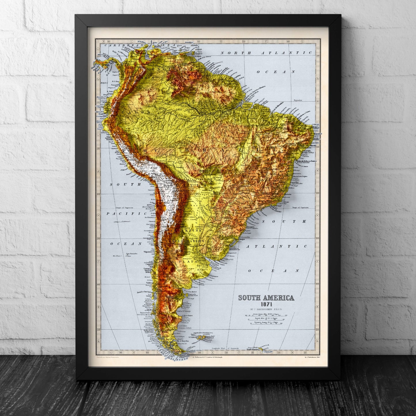 South America Map - Elevation Map - 2D Vintage Poster - Brazil