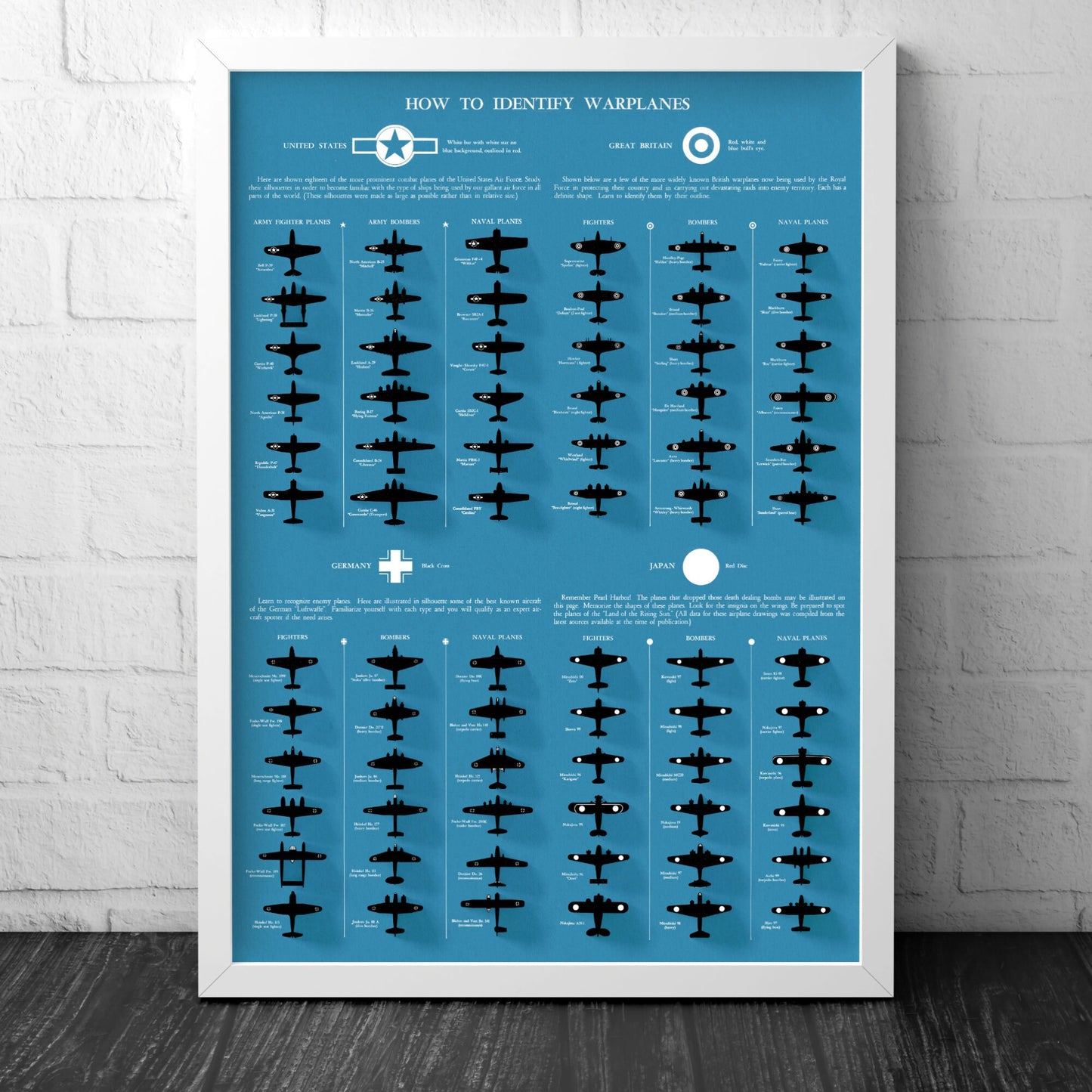 How to Identify Warplanes Poster - Vintage reproduction - 1943 - Army Fighter Planes - Bombers - Great Britain - USA - Germany - Japan