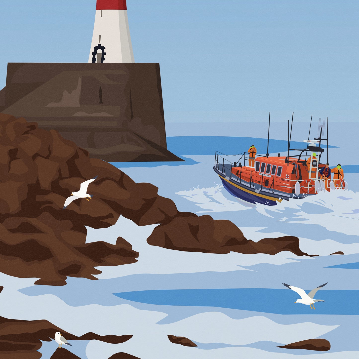 Fraserburgh Print - Aberdeenshire Travel Poster - Lighthouse - Lifeboat - Seaguls