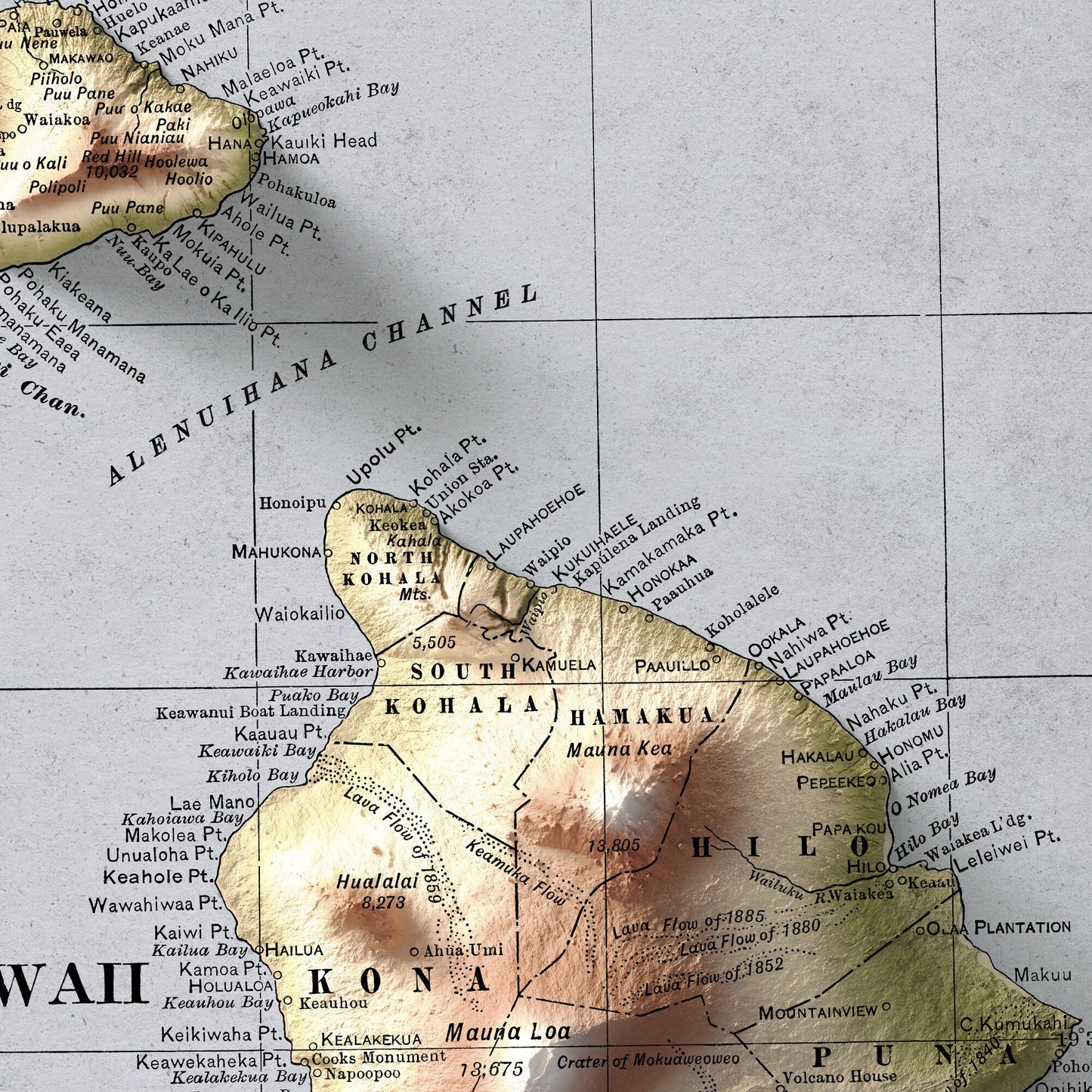 Hawaii Map - USA - 1901 retro print - 2d shaded map - Kauai - Maui - Molokai - Oahu - Kahoolawe - Lanai - Honolulu - Nihau - Kona - Kau