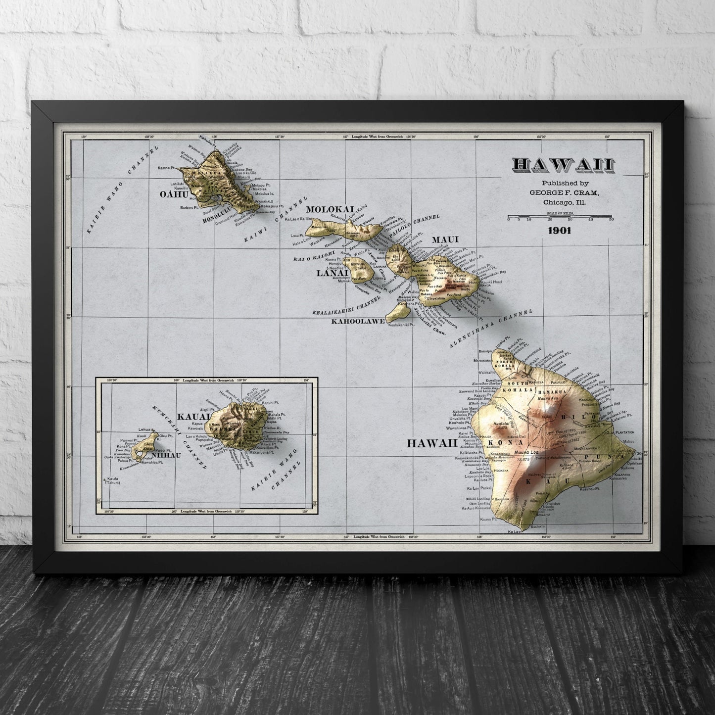 Hawaii Map - USA - 1901 retro print - 2d shaded map - Kauai - Maui - Molokai - Oahu - Kahoolawe - Lanai - Honolulu - Nihau - Kona - Kau