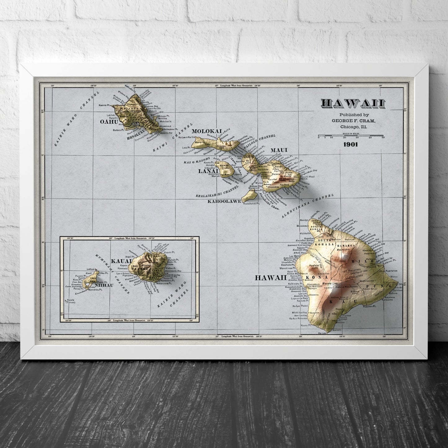 Hawaii Map - USA - 1901 retro print - 2d shaded map - Kauai - Maui - Molokai - Oahu - Kahoolawe - Lanai - Honolulu - Nihau - Kona - Kau