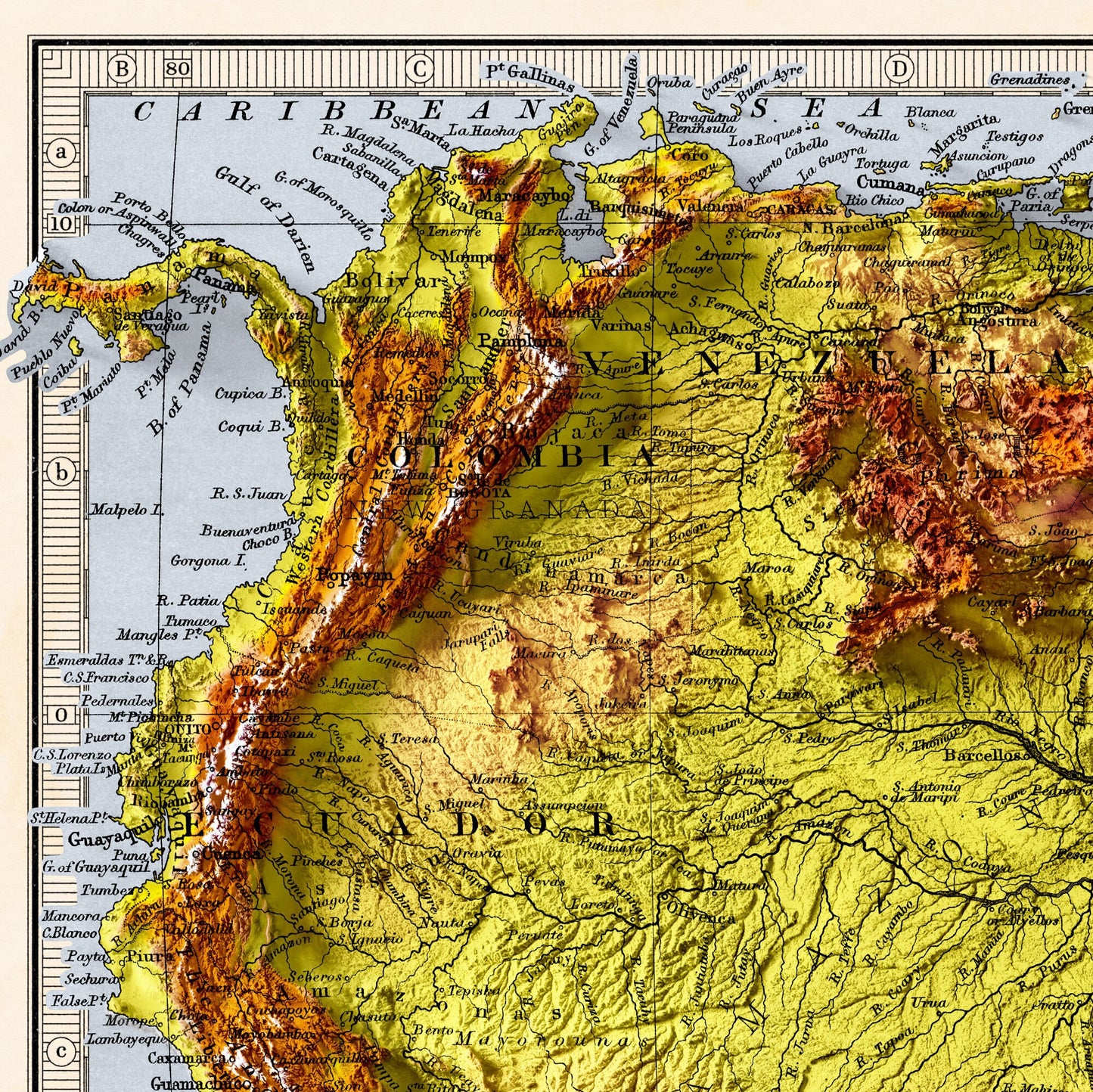 South America Map - Elevation Map - 2D Vintage Poster - Brazil