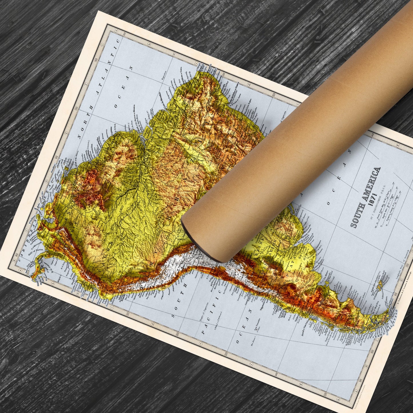 South America Map - Elevation Map - 2D Vintage Poster - Brazil