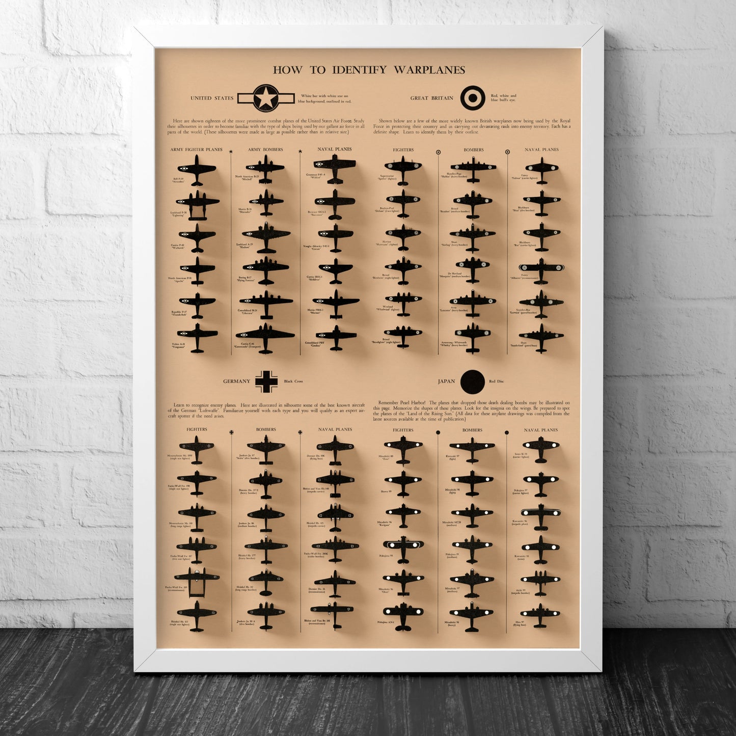 How to Identify Warplanes Poster - Vintage reproduction - 1943 - Army Fighter Planes - Bombers - Great Britain - USA - Germany - Japan