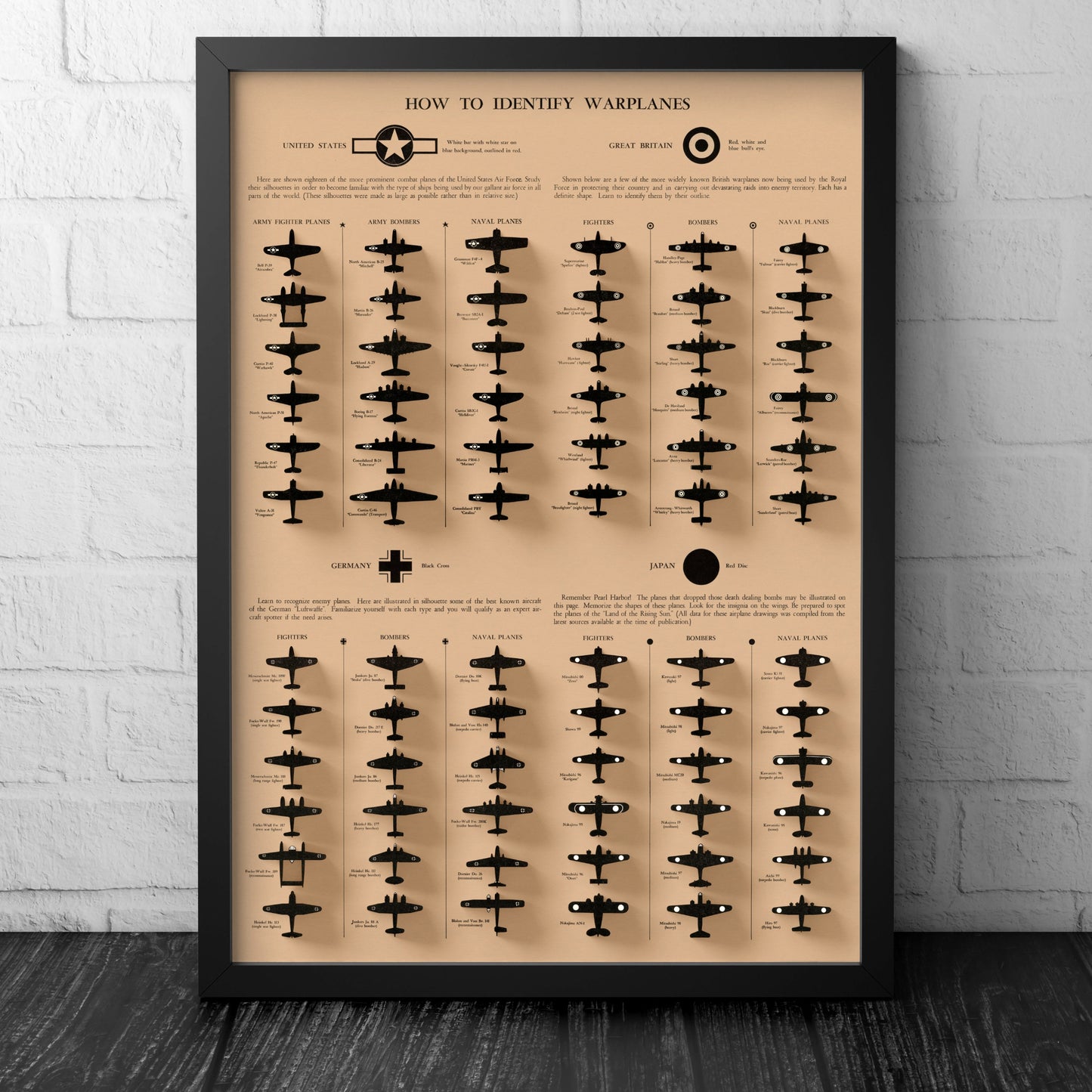How to Identify Warplanes Poster - Vintage reproduction - 1943 - Army Fighter Planes - Bombers - Great Britain - USA - Germany - Japan