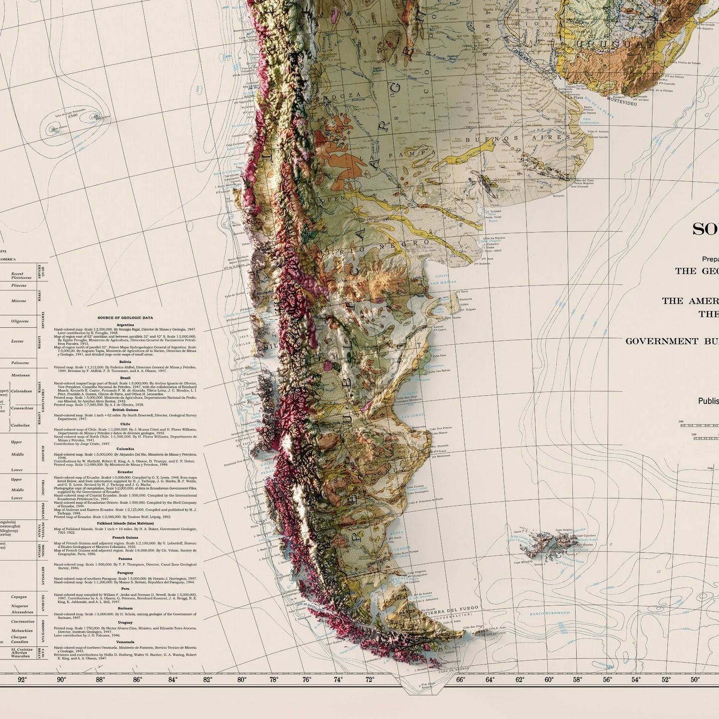 South America Geological Map - Elevation Map - 1950 2D Vintage Poster - Brazil - Argentna - Colombia - Guyana - Paraguay - Venezuala