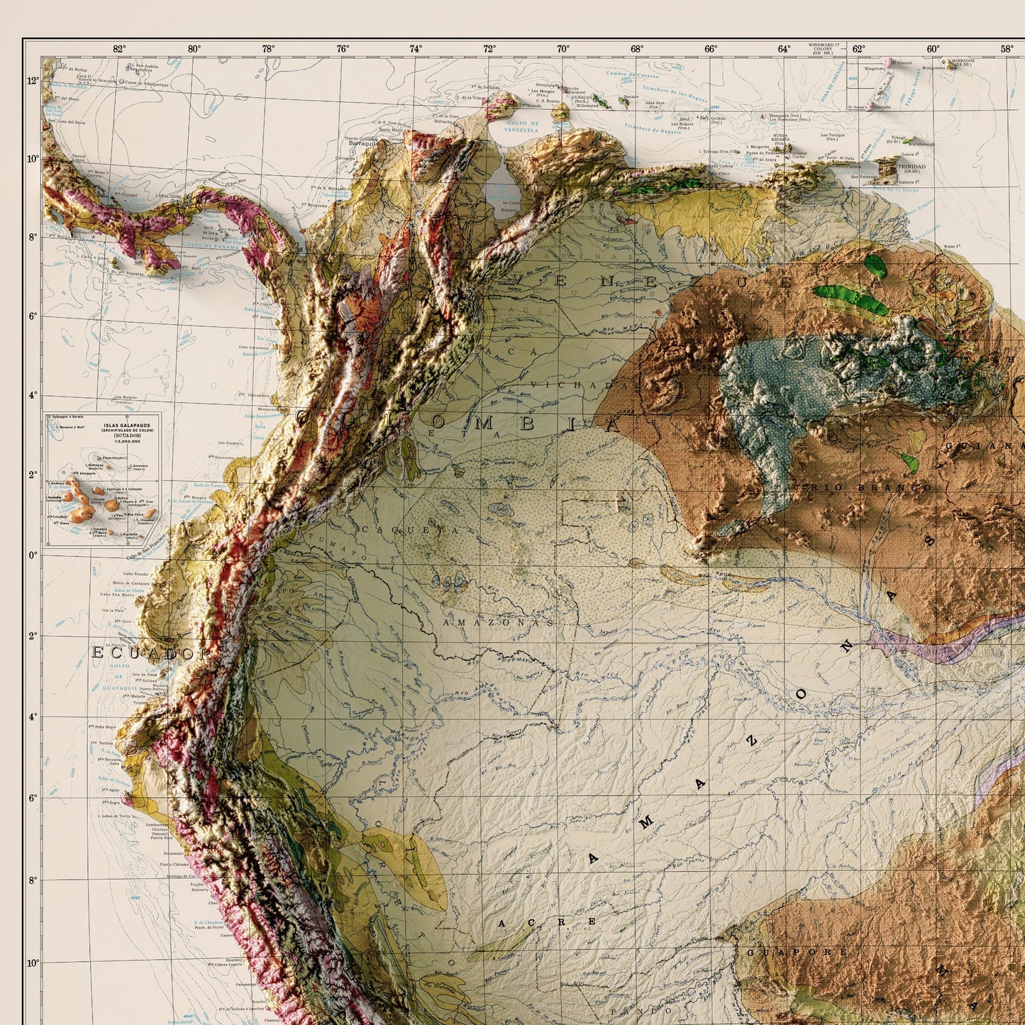 South America Geological Map - Elevation Map - 1950 2D Vintage Poster - Brazil - Argentna - Colombia - Guyana - Paraguay - Venezuala