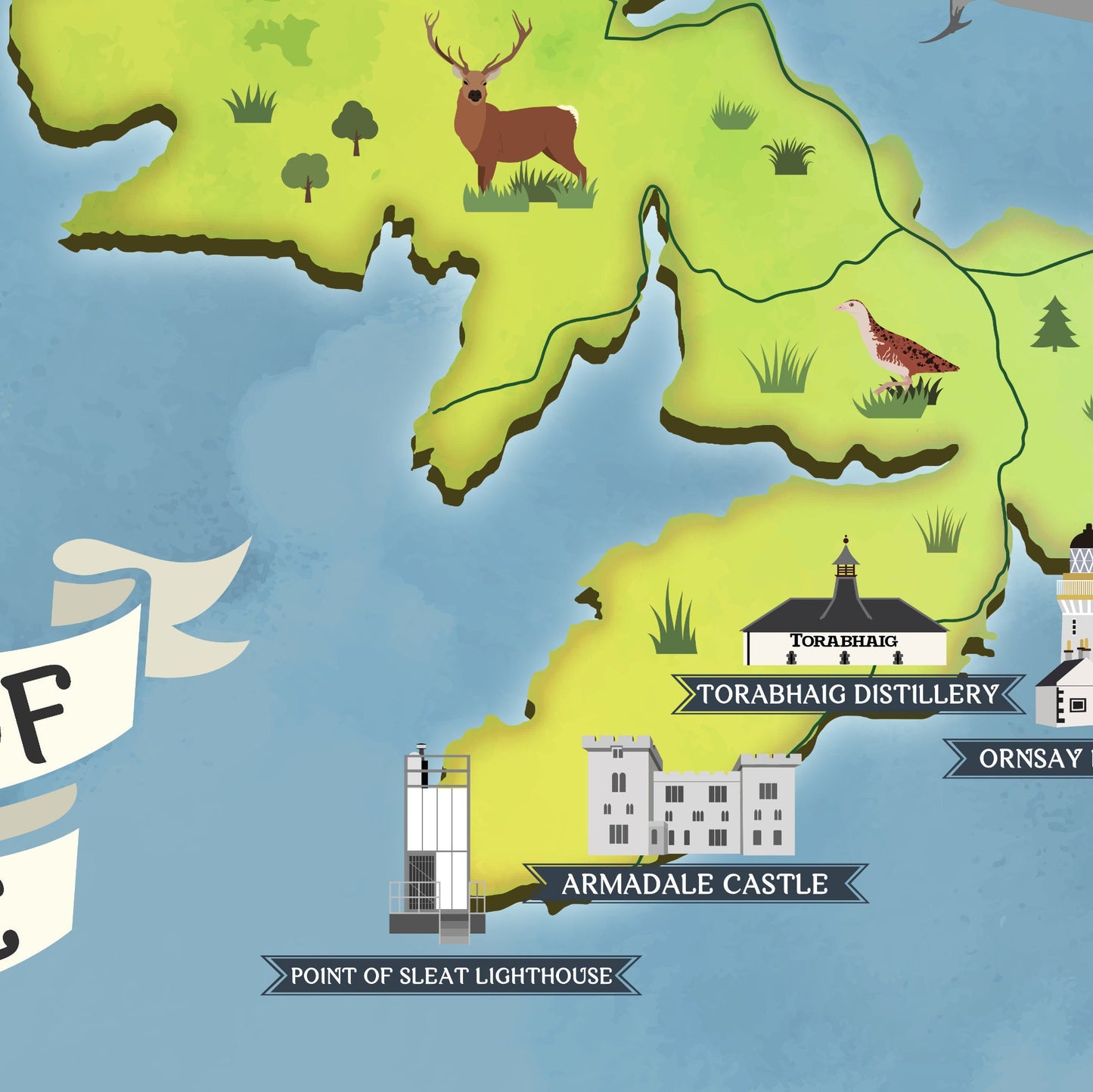 Isle of Skye Map | Pictorial Poster | Whisky Distilleries | Lighthouses | Scottish Highlands | Castle | Monuments | Puffin | Seal | Deer