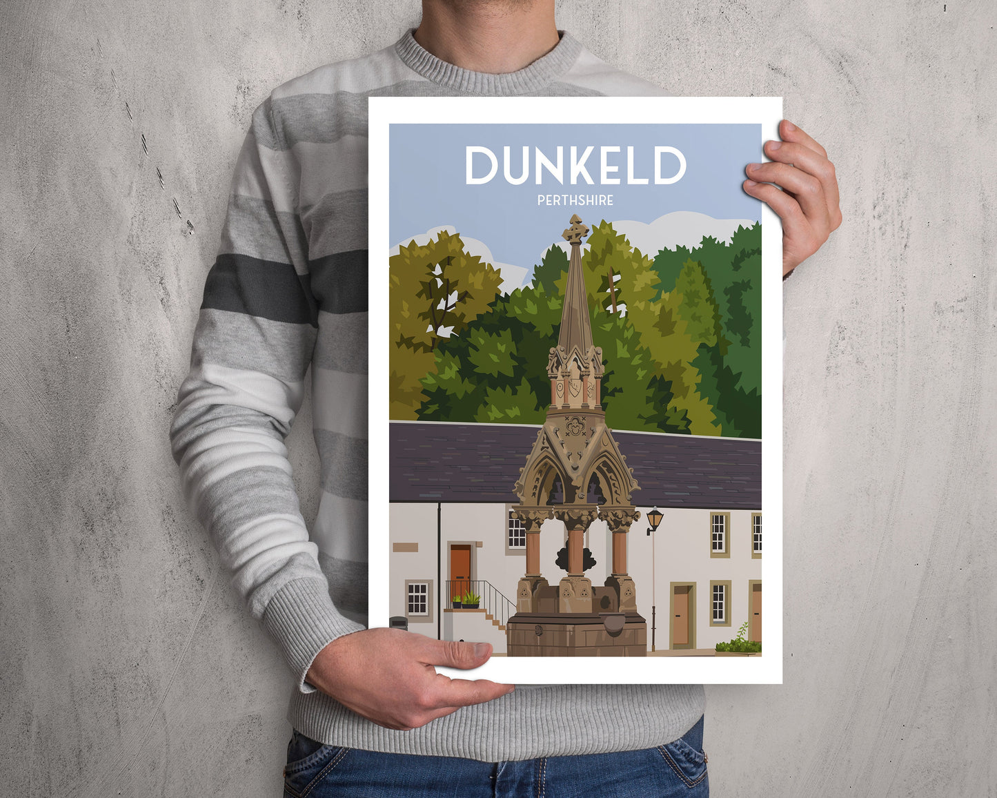 Dunkeld Print - Perthshire Travel Poster - Scotland - Atholl Memorial Fountain