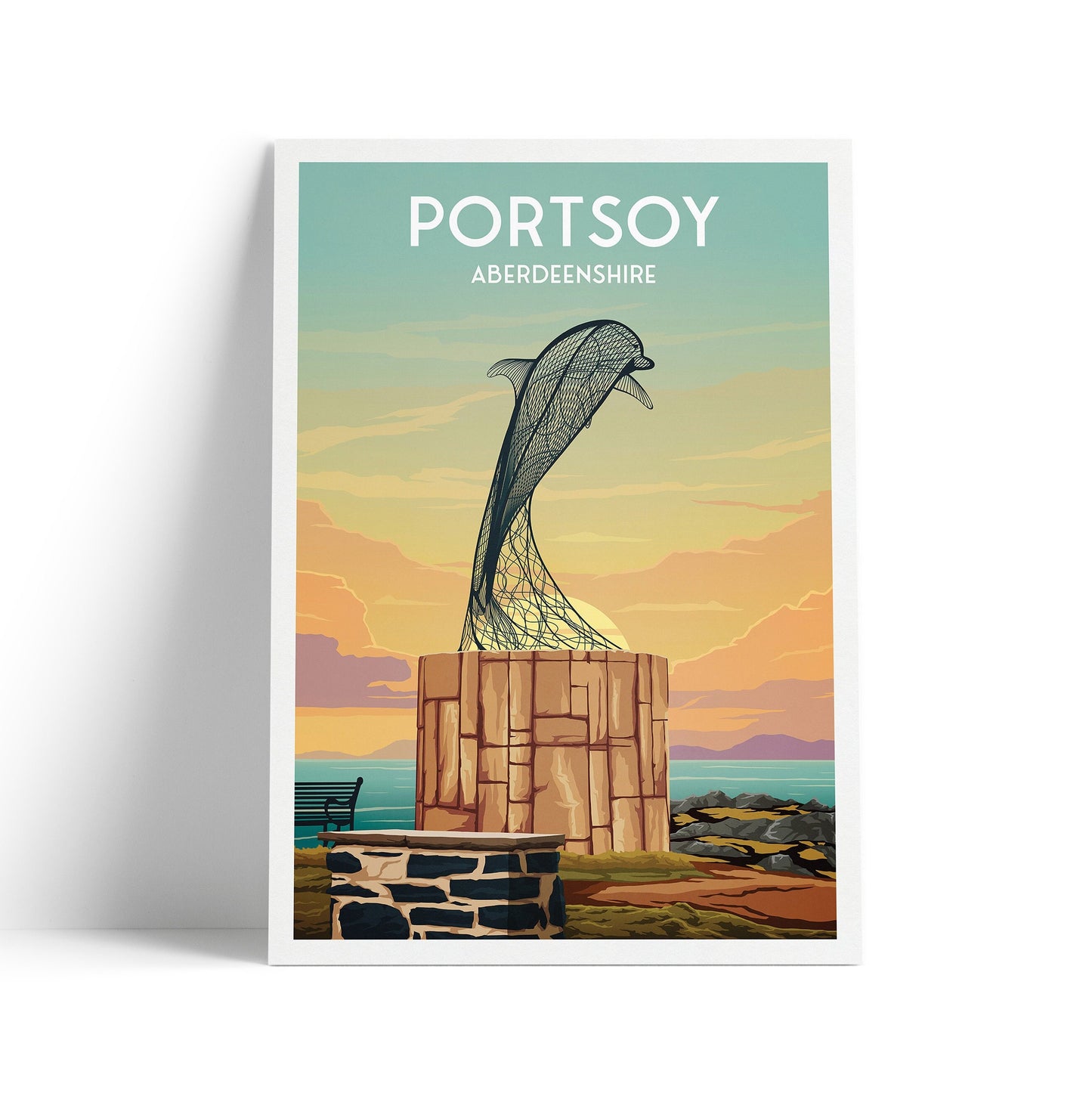 Portsoy Dolphin Travel Poster Print - Aberdeenshire - Scotland - Scottish Landscape - Banff - Moray Firth