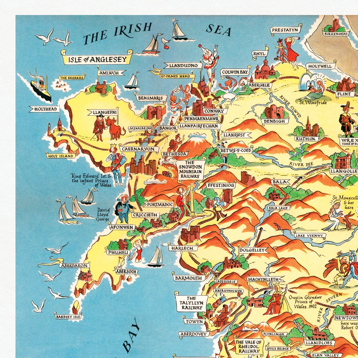Wales Pictorial Map | Old Map Wall Print | Holyhead | Llandudno | Rhyl | Birkenhead | Swansea | Cardiff