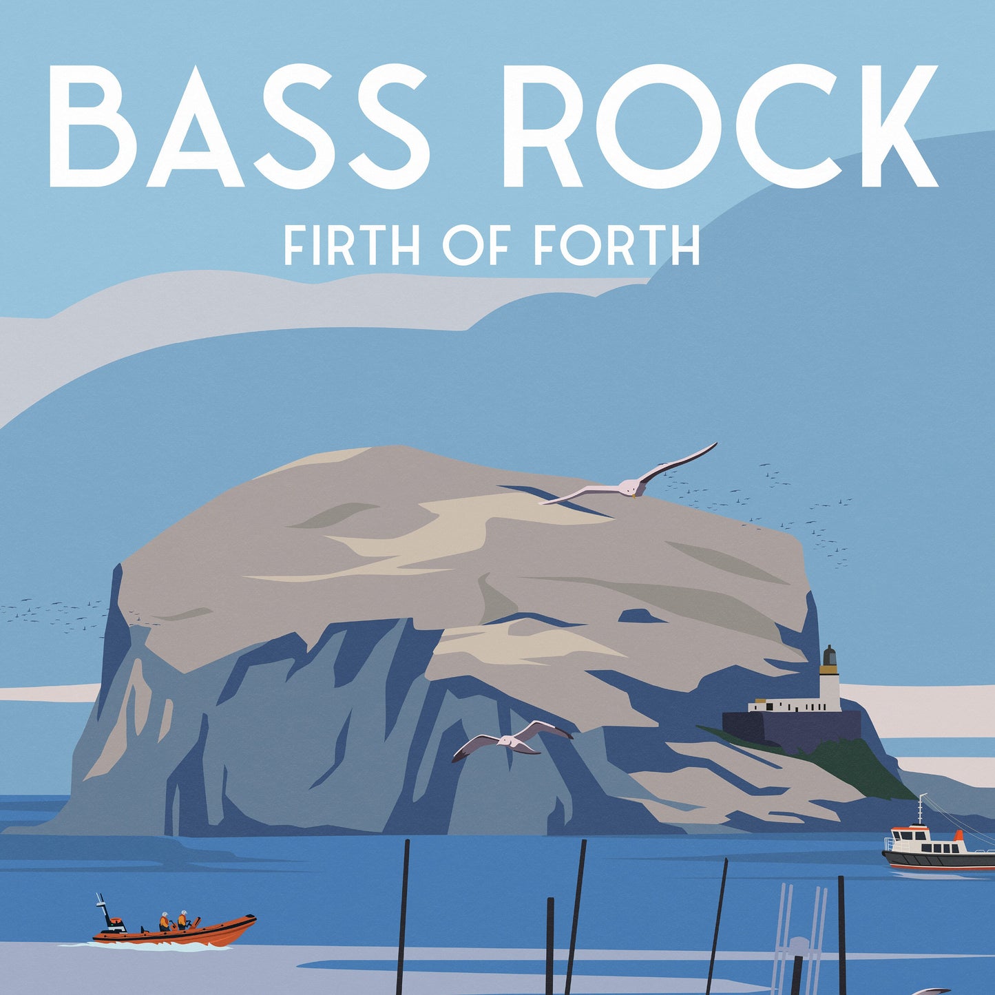 Bass Rock Print - Firth of Forth - Lifeboat - Lighthouse - East Lothian Travel Poster - Scotland Wall Art