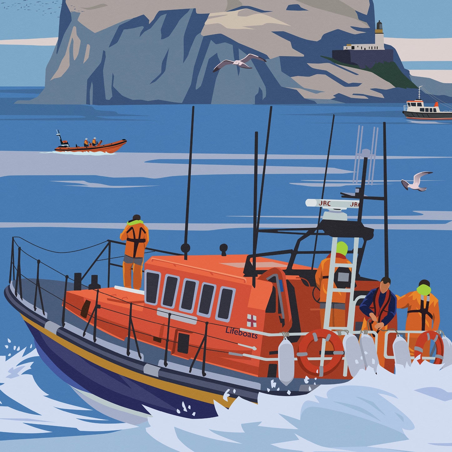 Bass Rock Print - Firth of Forth - Lifeboat - Lighthouse - East Lothian Travel Poster - Scotland Wall Art