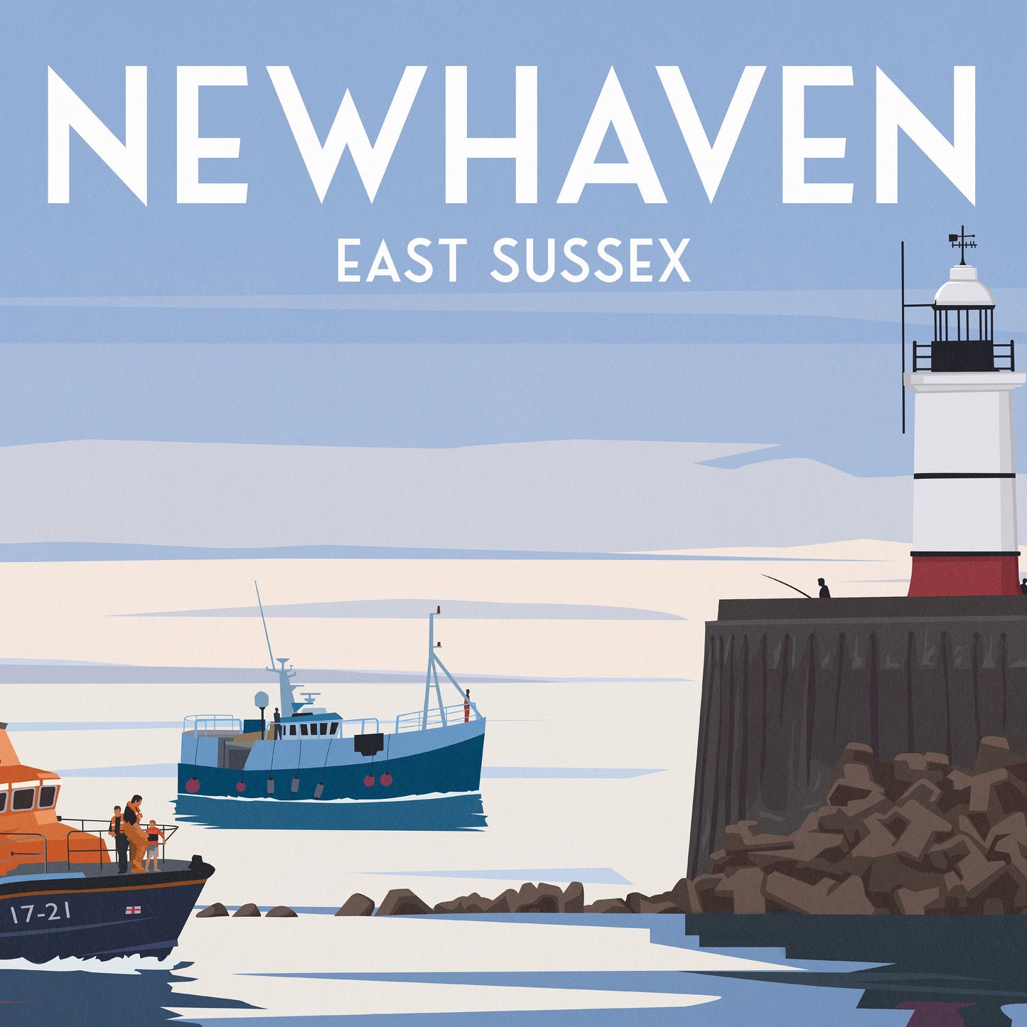 Newhaven Travel Poster - Lighthouse - Harbour - East Sussex - Lifeboat - Minimalist Wall Art