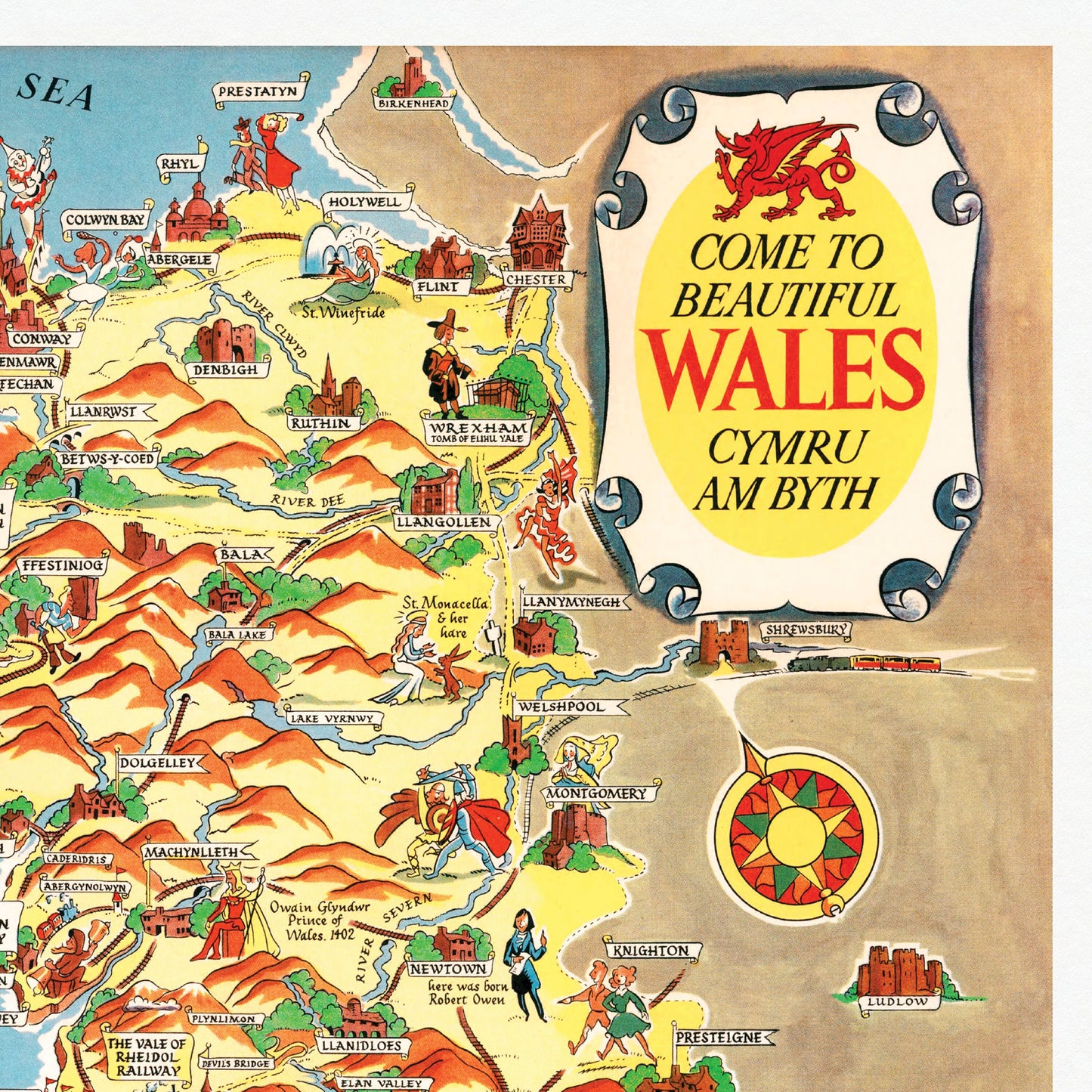 Wales Pictorial Map | Old Map Wall Print | Holyhead | Llandudno | Rhyl | Birkenhead | Swansea | Cardiff