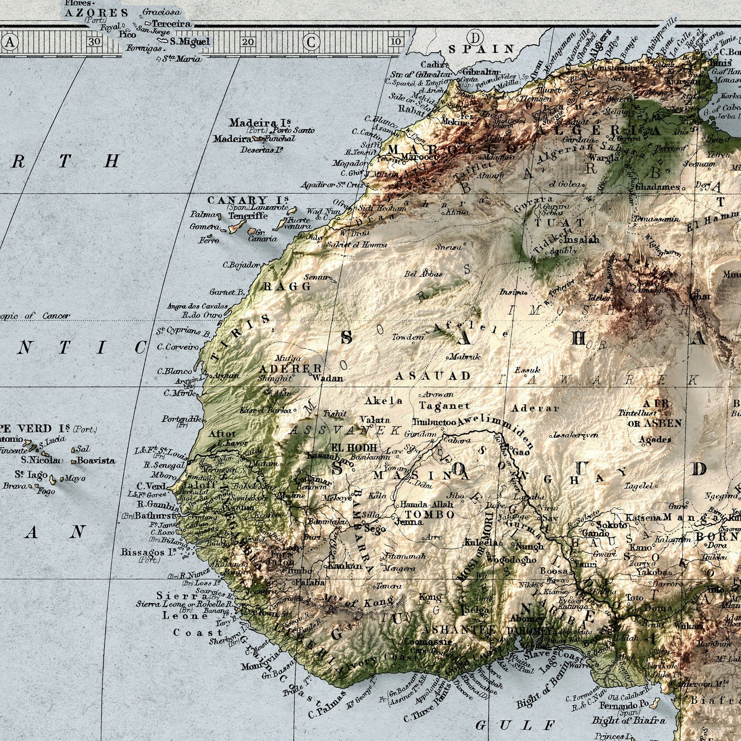 Africa Map - Vintage African Print - Elevation Poster - Map Art - Vintage Style
