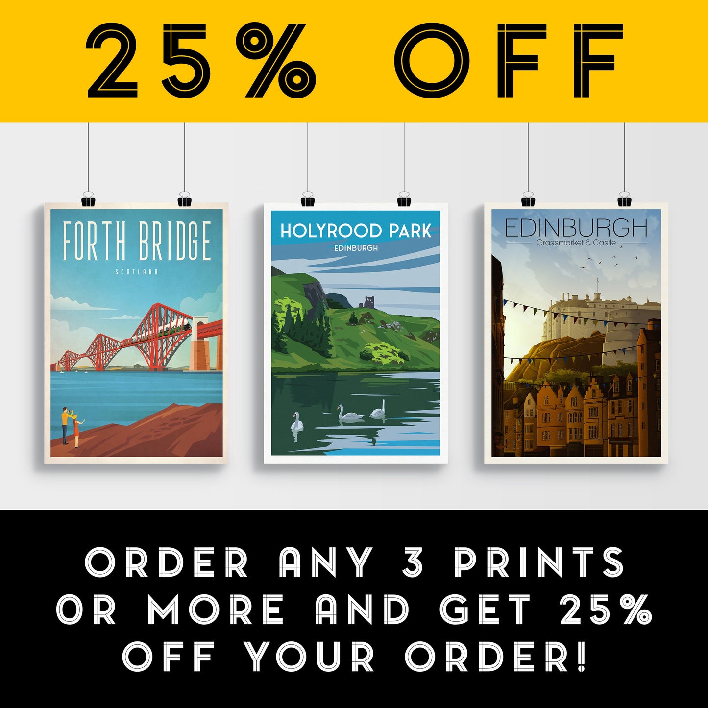 Holyrood Park, Edinburgh Travel Poster - Swans on St. Margaret's Loch - St Anthony's Chapel Ruin - Arthur's Seat - #scotland Gift
