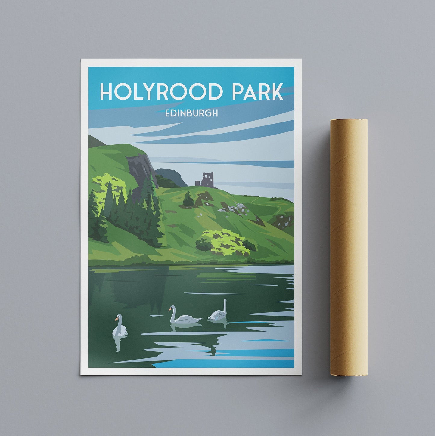 Holyrood Park, Edinburgh Travel Poster - Swans on St. Margaret's Loch - St Anthony's Chapel Ruin - Arthur's Seat - #scotland Gift