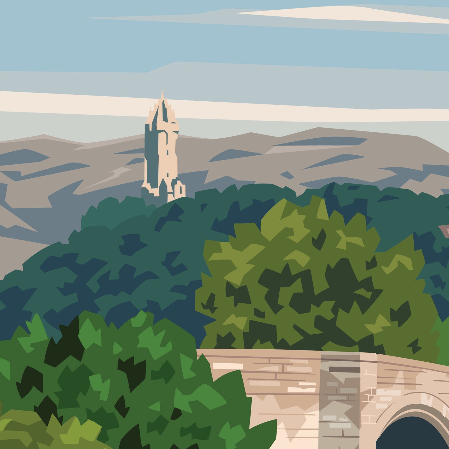 Stirling Travel Poster - Wallace Monument - Old Bridge - Scotland Print